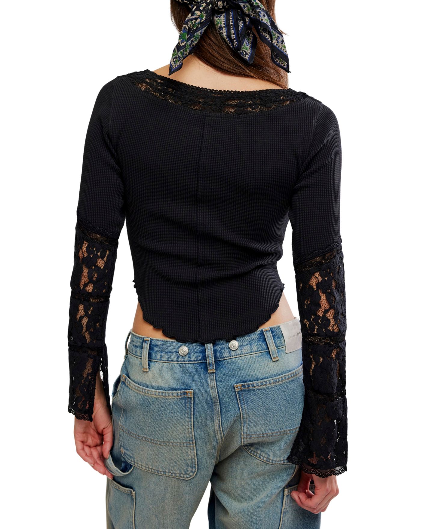Женская футболка Free People Amber Lace Cuff Boat-Neck Smocked Cotton-Blend, цвет: Чёрный — фото 5