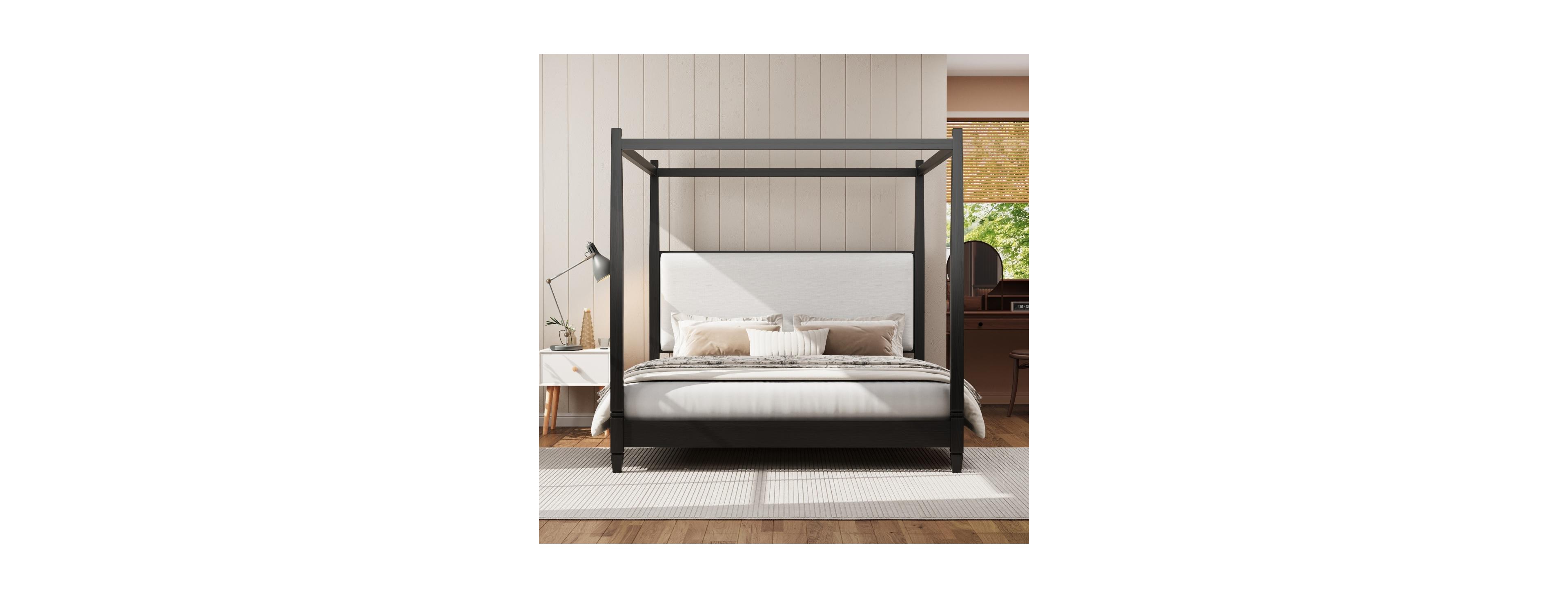 Streamdale Furniture Canopy Bed with Upholstered Headboard and Slats