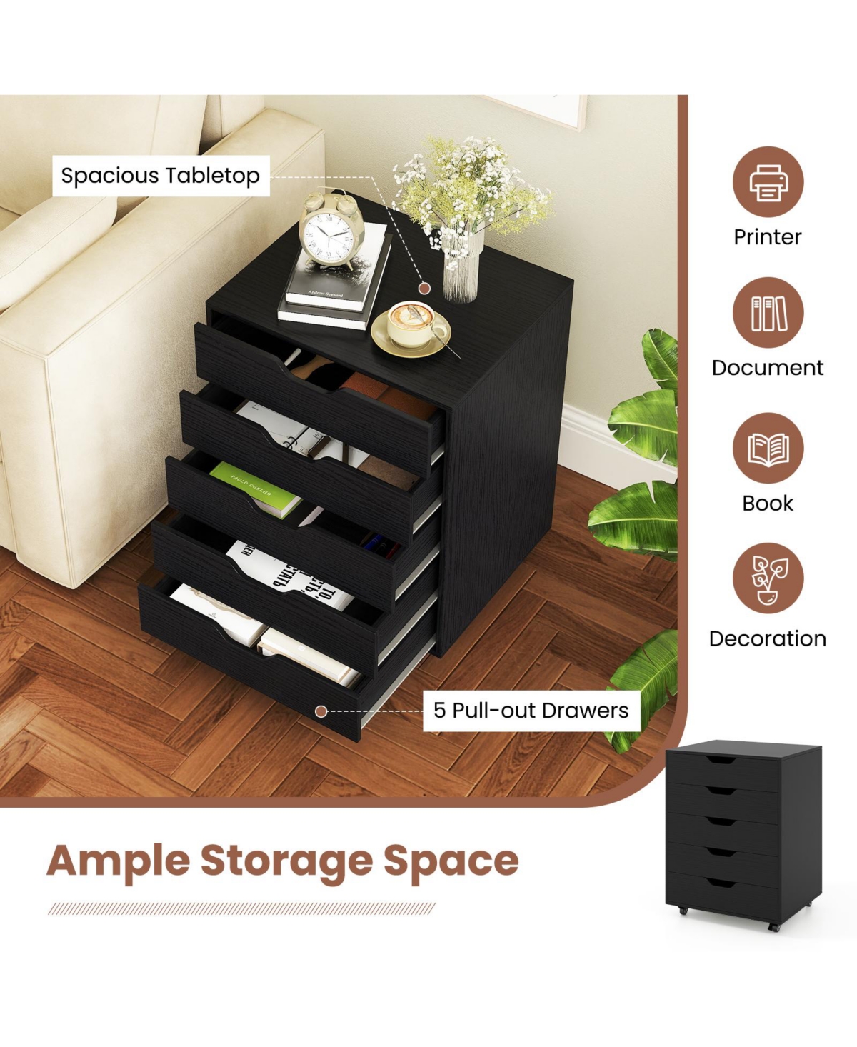 Mecale 5-Drawer Mobile File Cabinet with Lockable Wheels