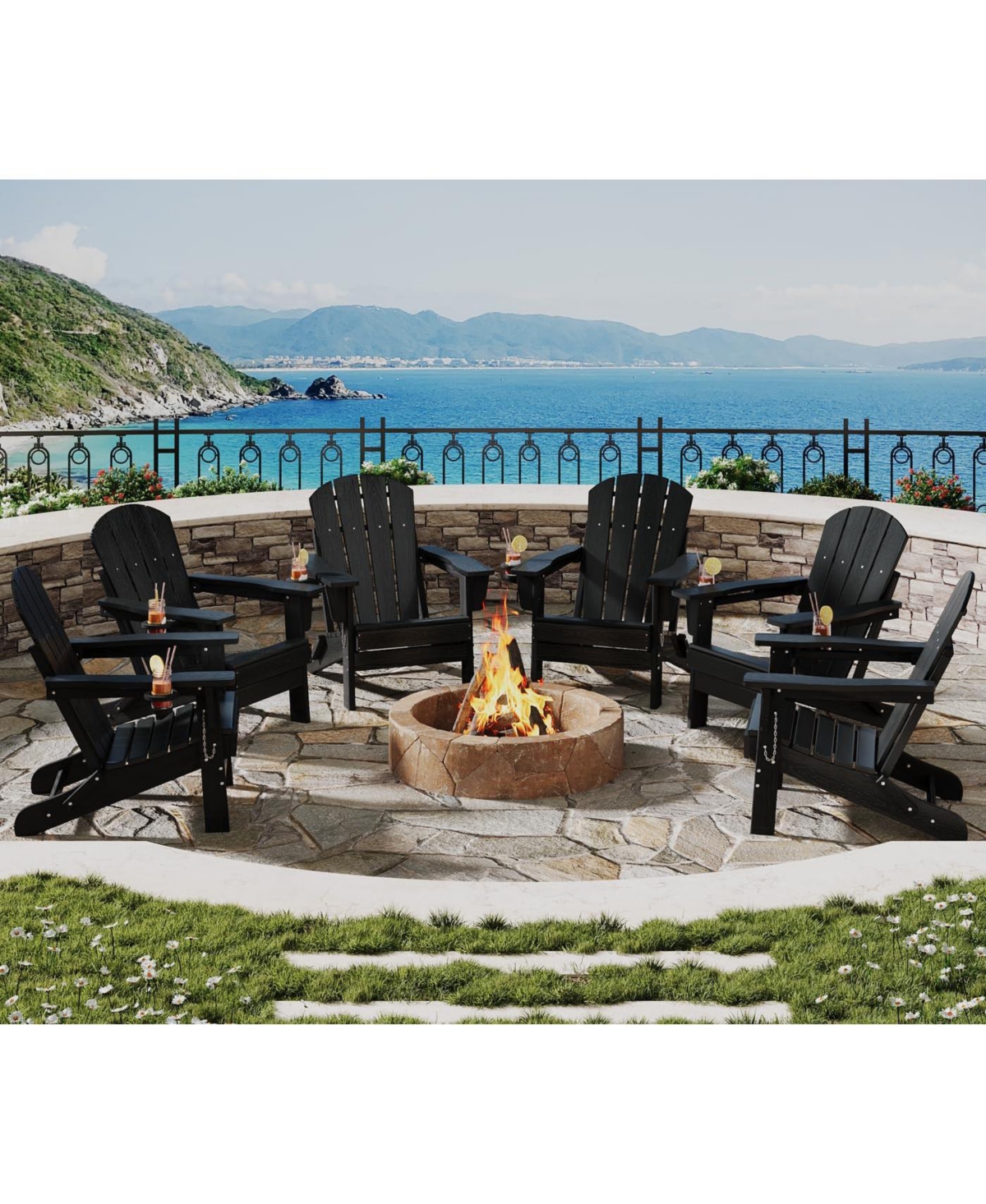homfan Set of 2 Folding Adirondack Chair, All-Weather Hdpe Outdoor Chairs with Cup Holder, Wood-Grain Texture