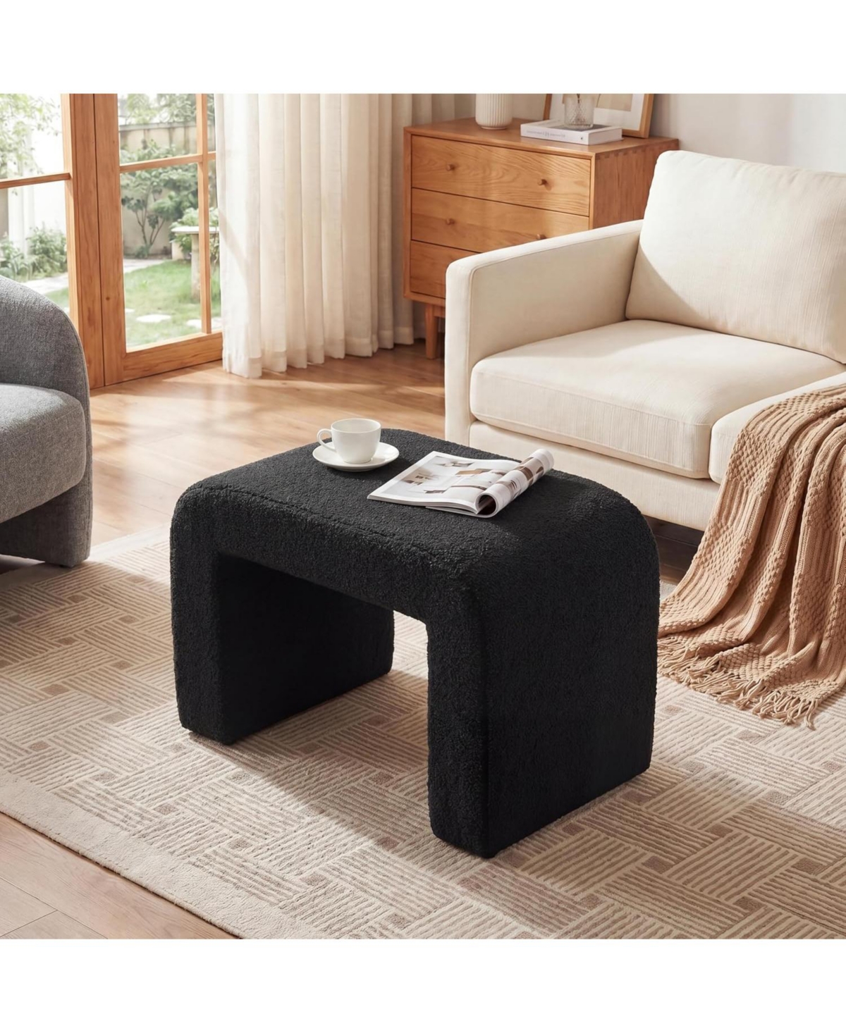 Tribesigns Vanity Stool: Sherpa upholstered ottoman, foot rest for couch, shoe bench, extra seating. No assembly. Black