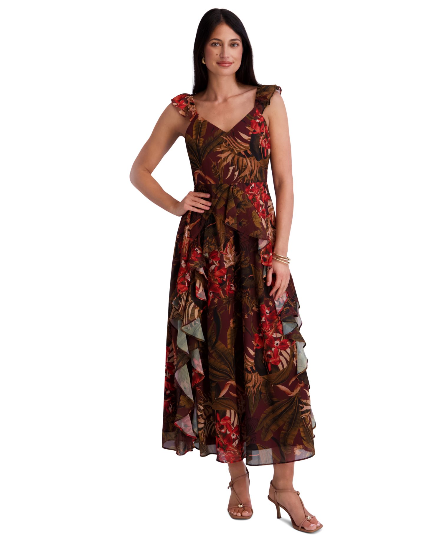 Women's Textured Woven Floral Ruffle Midi Dress