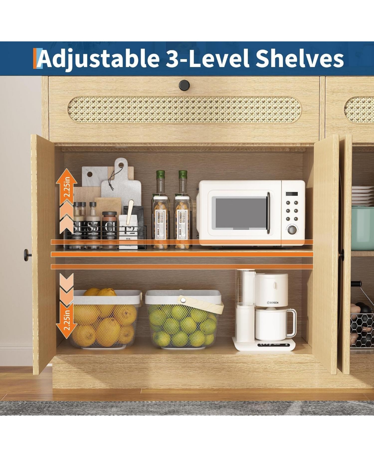 gaomon 60'' Rattan Sideboard Buffet Cabinet with 2 Drawers & 4 Rattan Doors and Adjustable Shelves & Storage