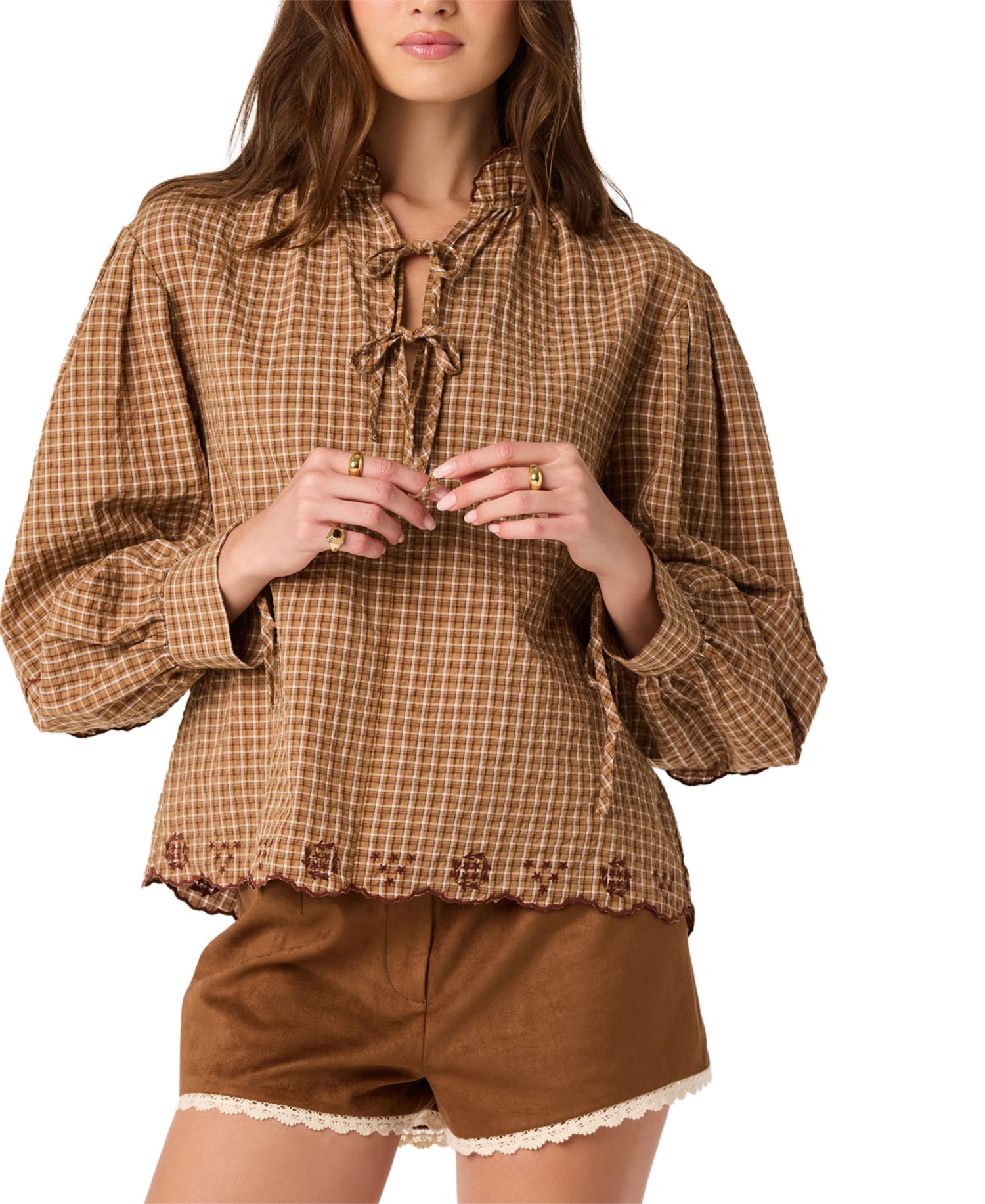 Women's Taliyah Plaid Long Balloon-Sleeve Ruffled Collar Blouse