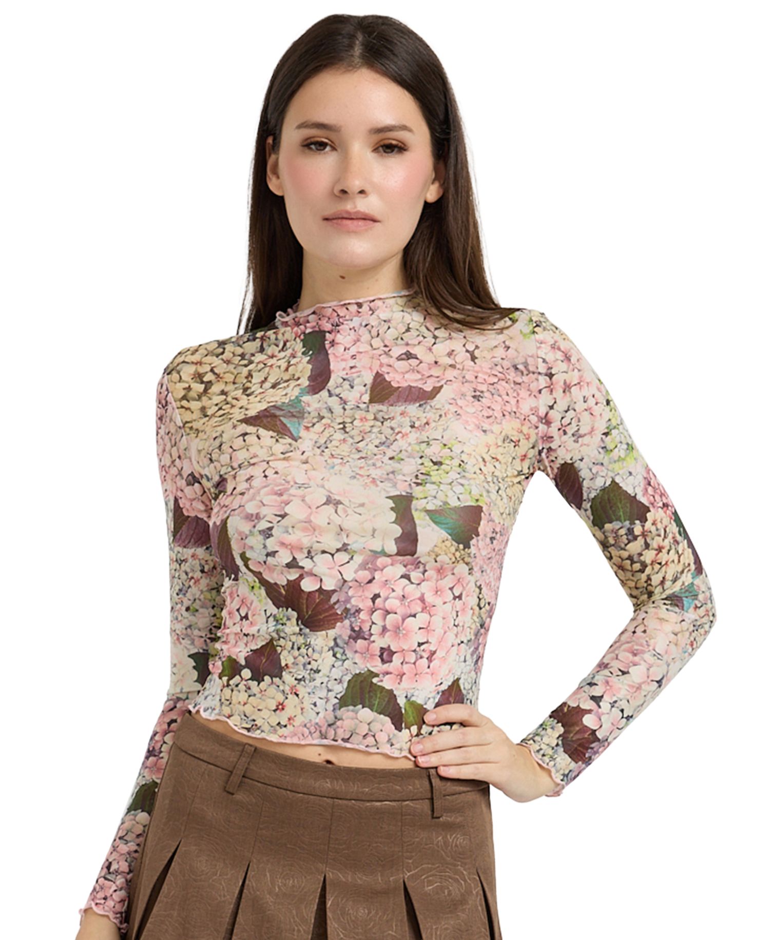 Women's Kelsey Mesh Floral Mock Neck Long-Sleeve Top