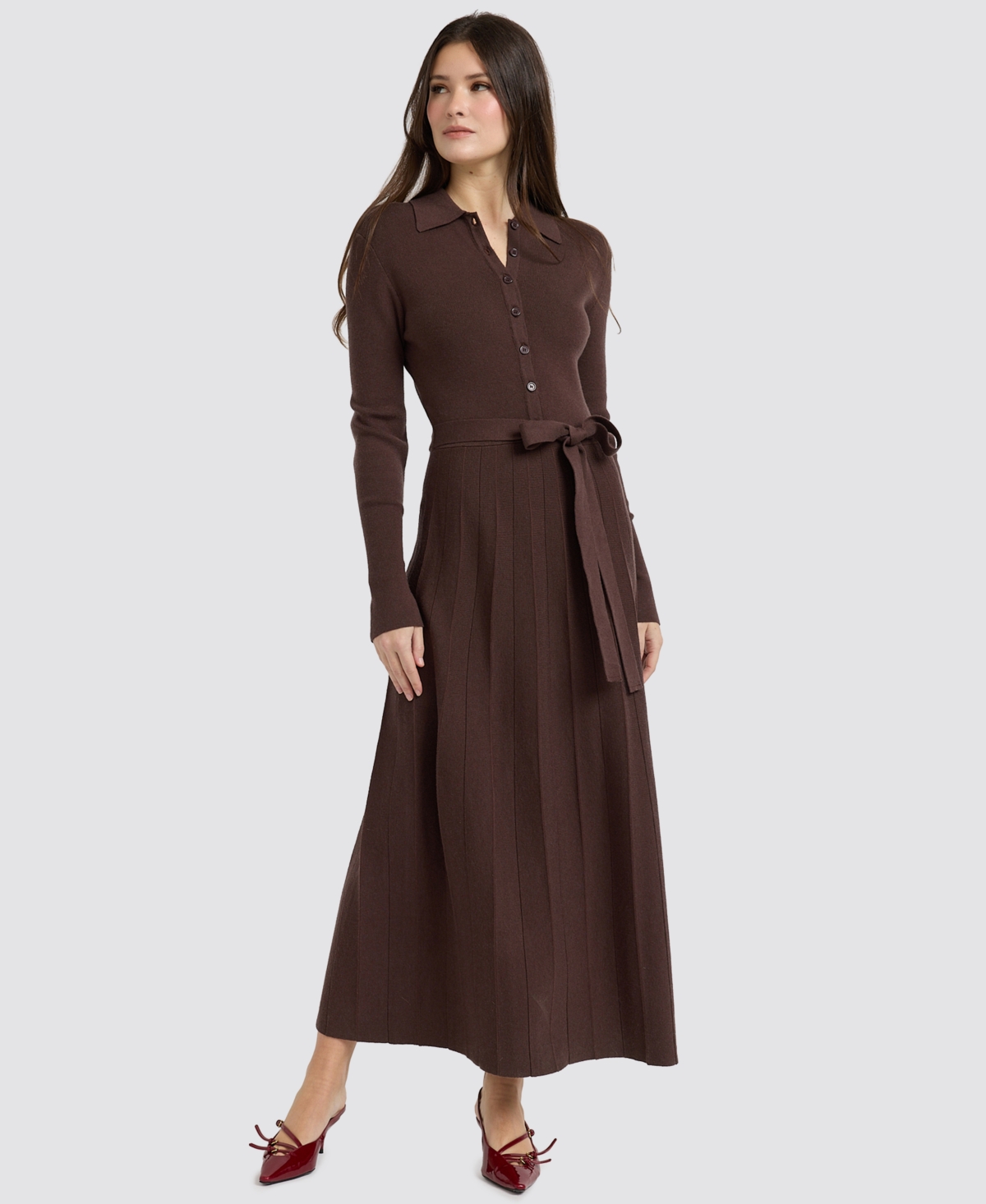 En Saison Women's Collared Button-Front Tie-Waist Pleated Knit Maxi Dress