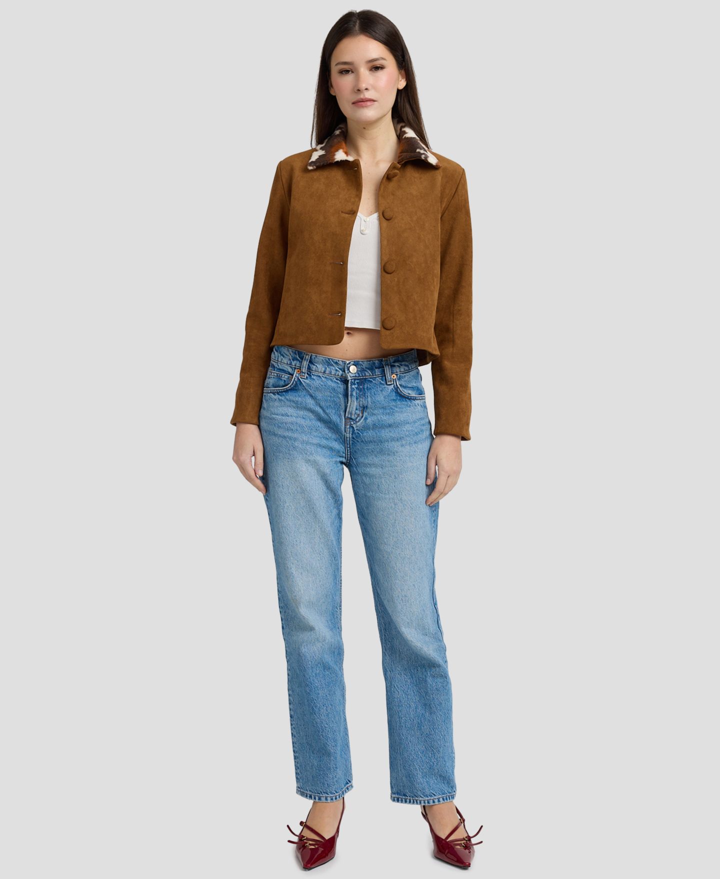 Женская куртка En Saison Yumi Pocket Cropped Faux-Suede Cow-Print Collar, цвет: Коричневый разноцветный — фото 2