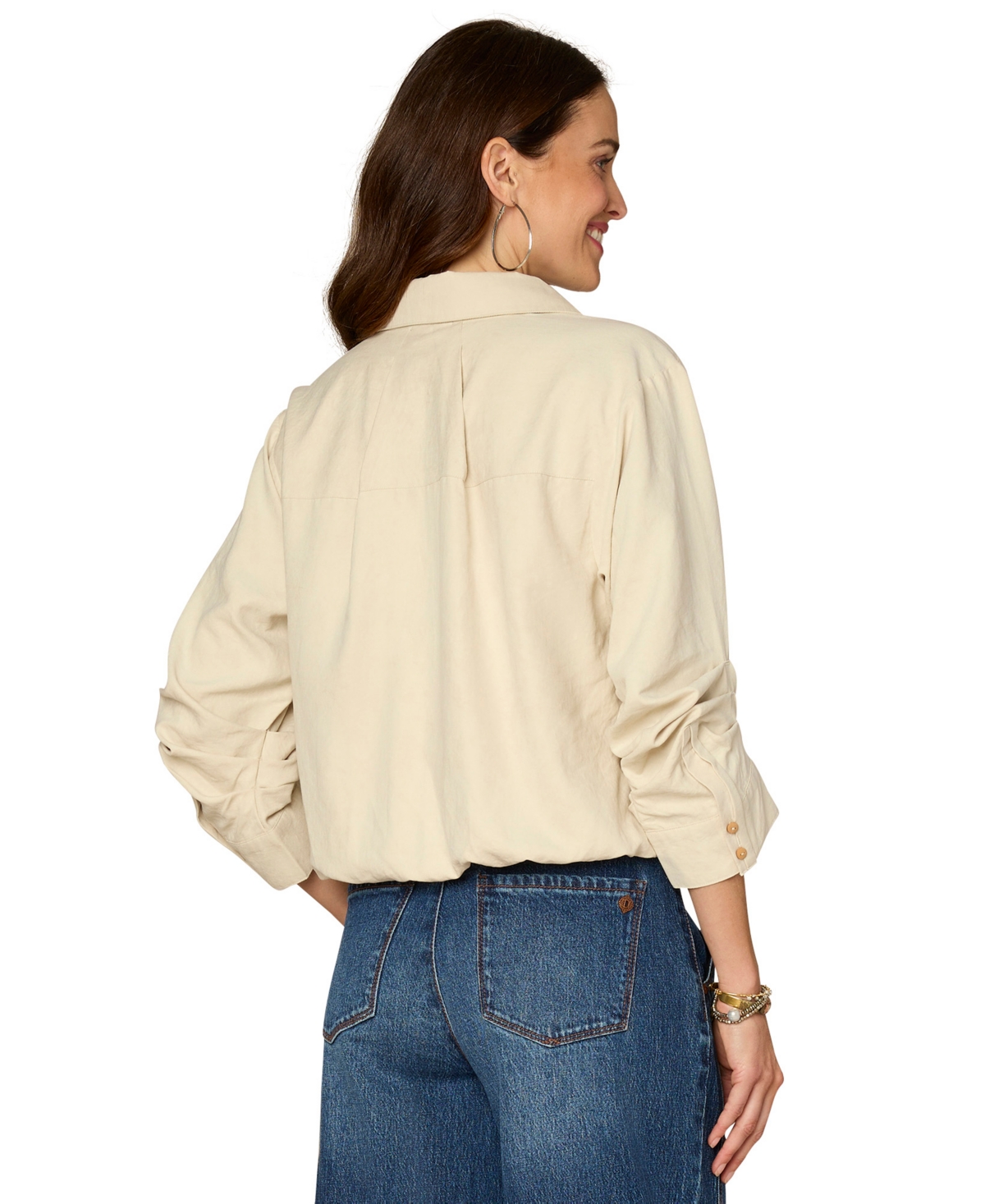 Democracy Petite Ruched-Sleeve Bubble-Hem Shirt