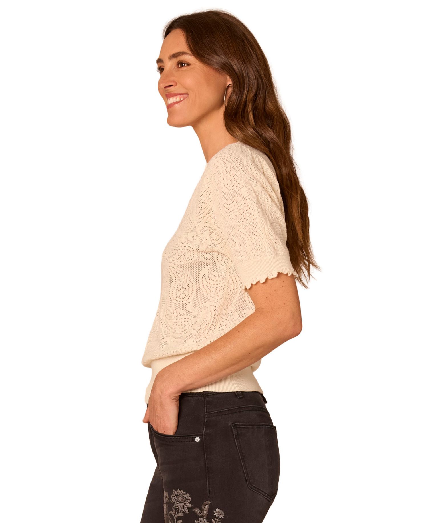 Petite Paisley-Jacquard Short-Sleeve V-Neck Sweater