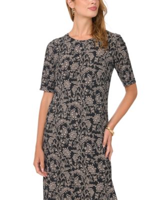 vince camuto floral a line dress Women's Crewneck 3/4-Sleeve - Cocoa Midi dress