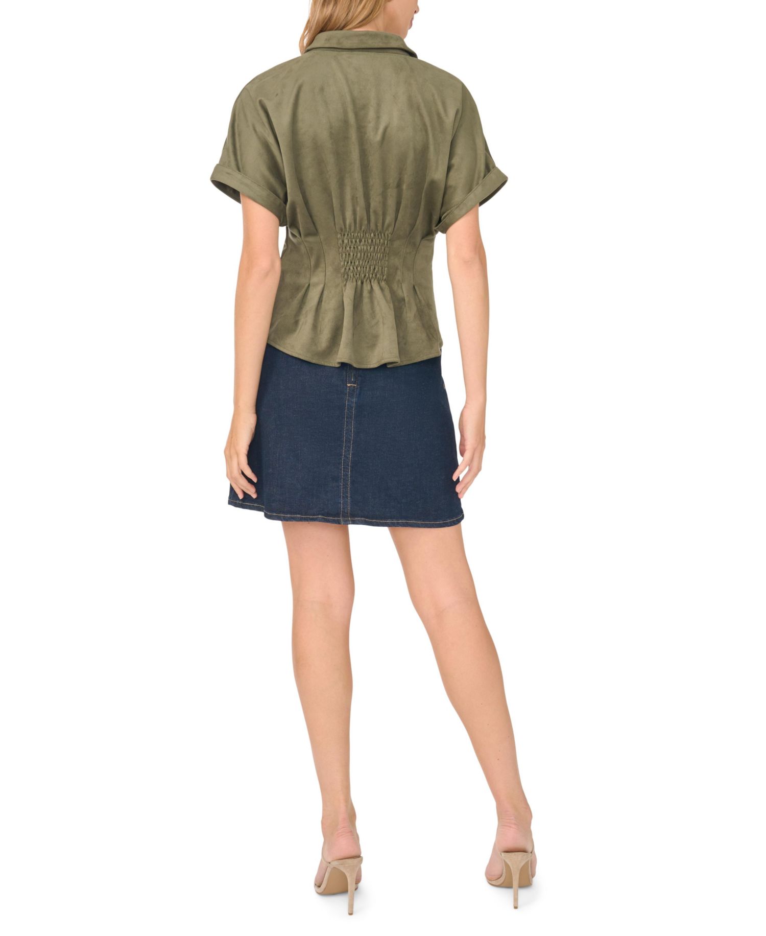 Women's Collared Short-Dolman-Sleeve Pleated-Waist Blouse