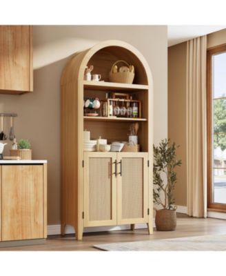 Arched Kitchen Pantry Storage Cabinet - 5-Tier Open Display Shelf with Rattan Decor, Farmhouse Storage Cabinet for Kitchen, Dining Room, Living Room