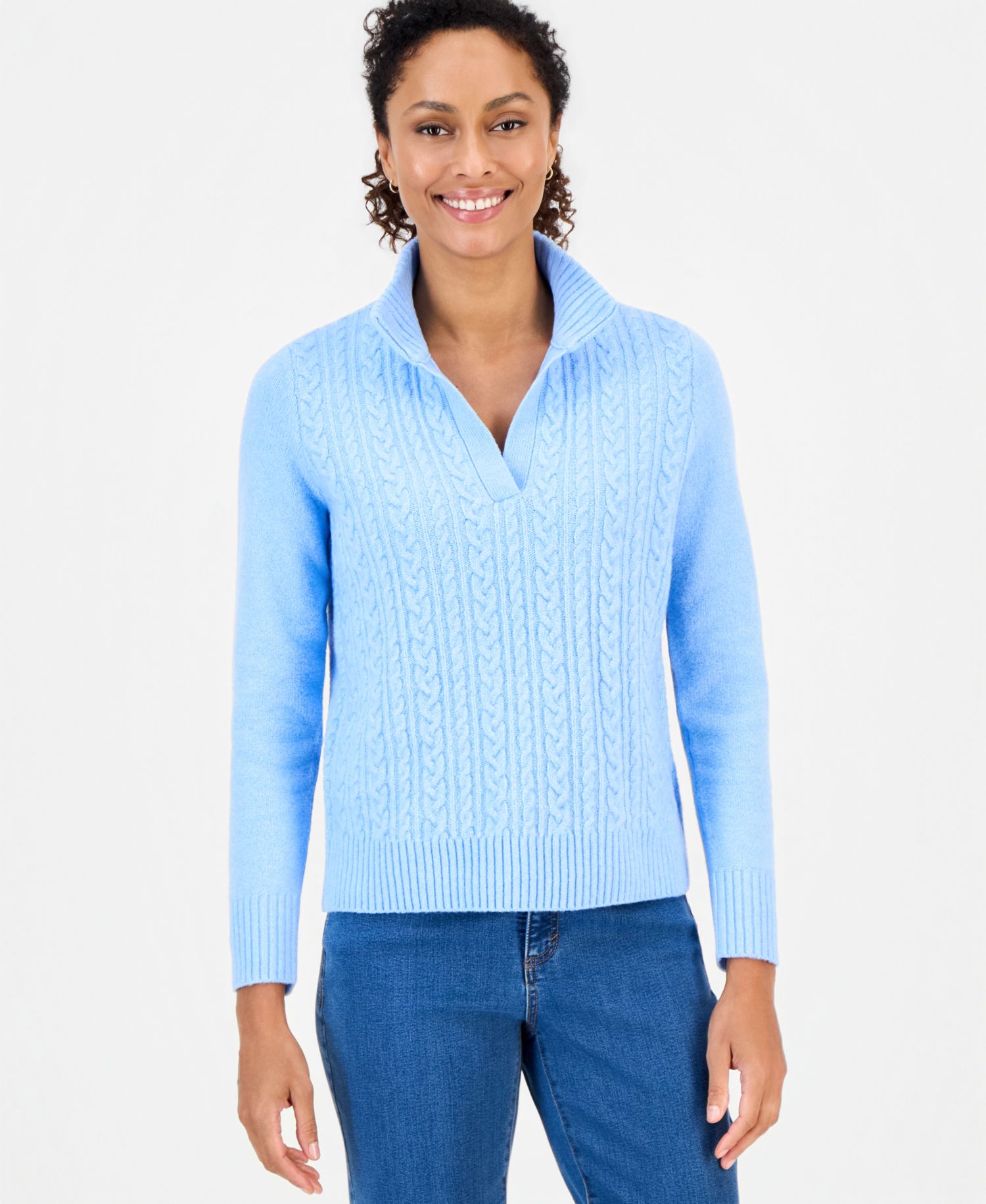 Plus Cable Split Mockneck Long-Sleeve Sweater