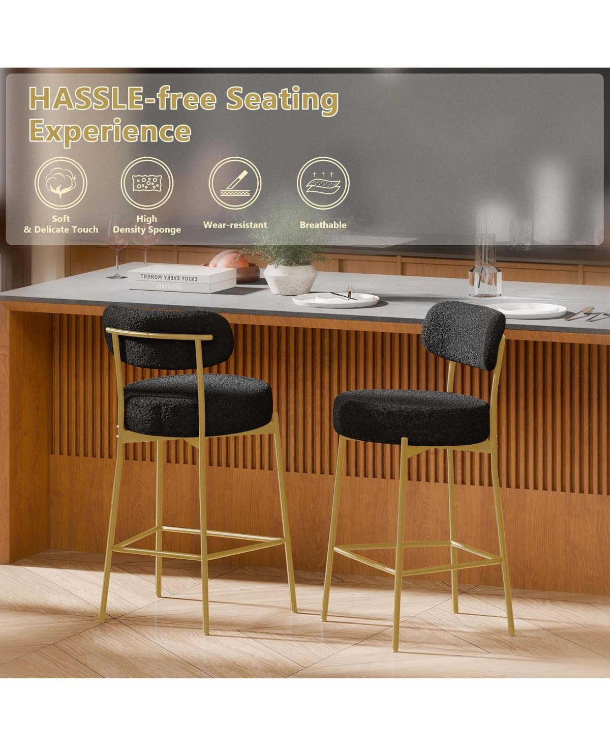Dyhome 28" Bar Stools Set of 2, Counter Height Chairs with Backrest and Footrest, Gold Metal