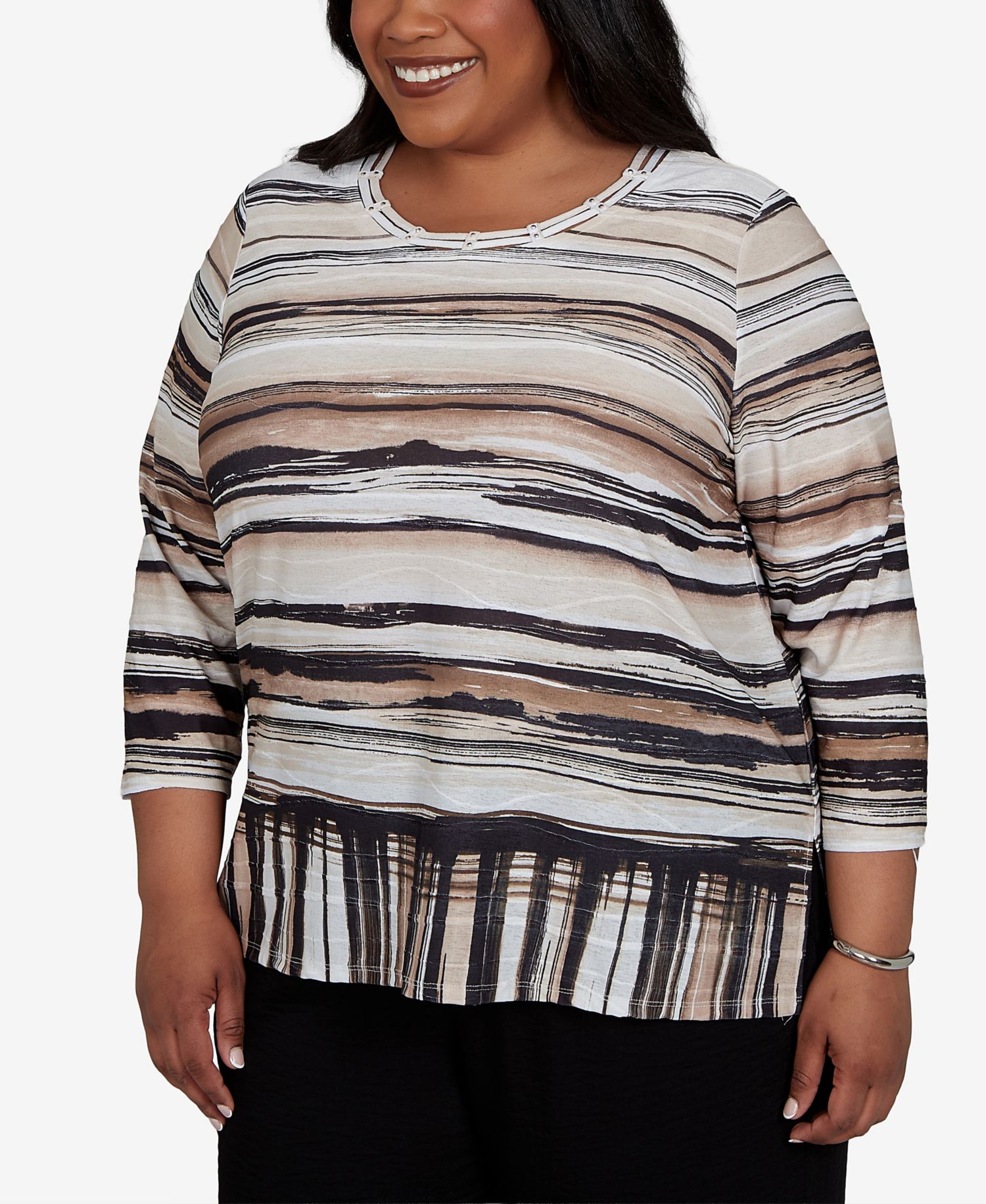Plus Size Travel Advisory Striped 3/4-Sleeve Knit Top