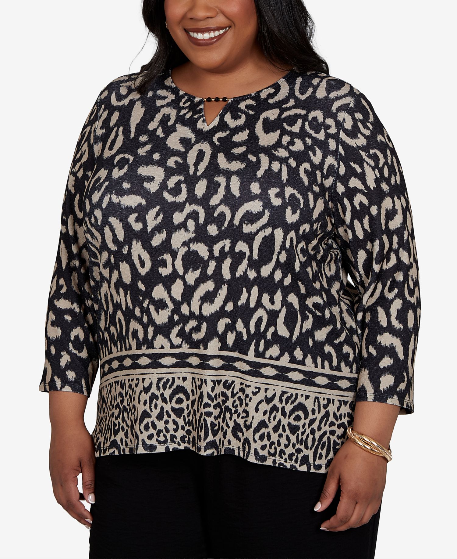 Plus Size Travel Advisory Animal-Print 3/4-Sleeve Split-Neck Top