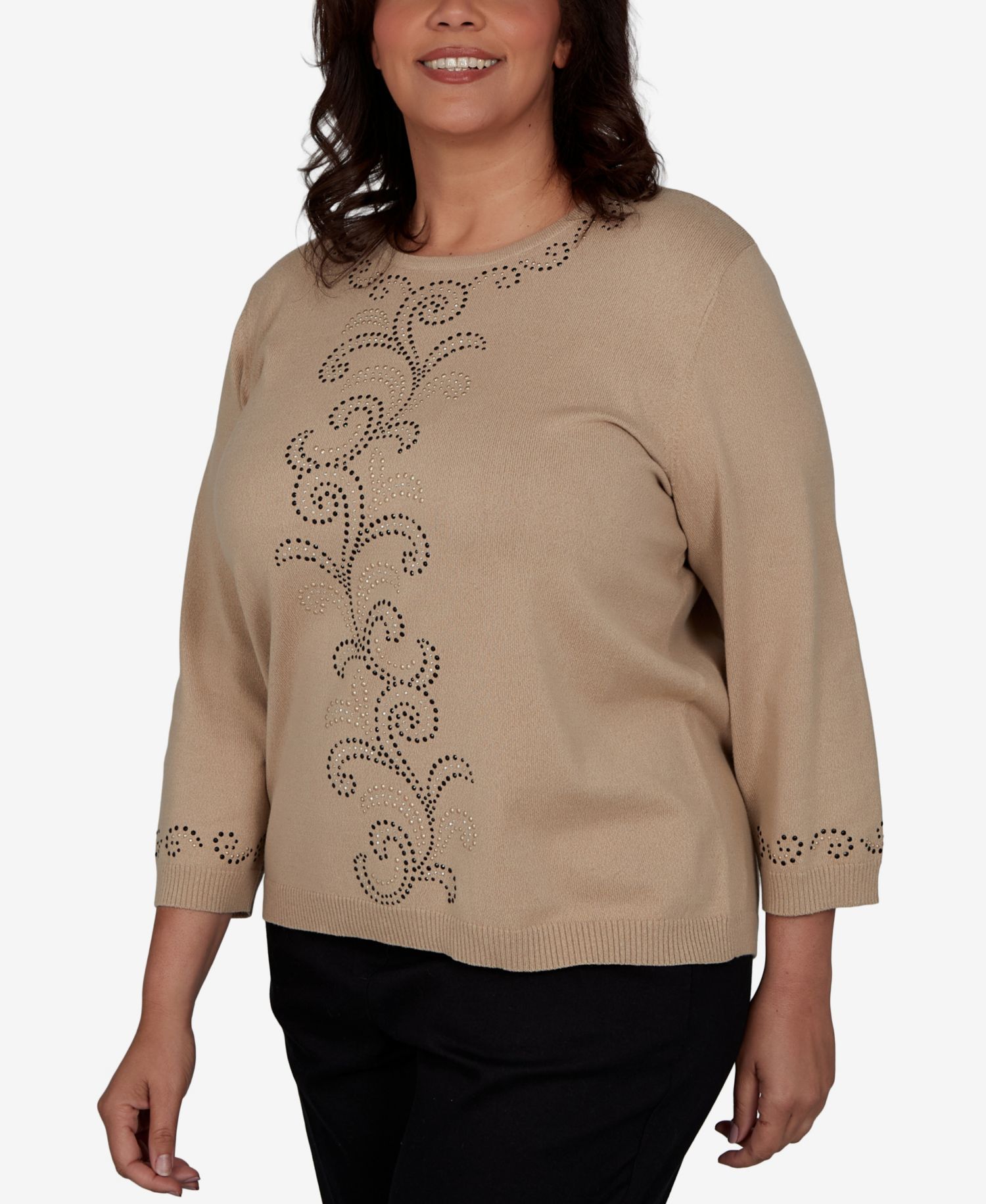 Plus Size Travel Advisory Beaded Scroll 3/4-Sleeve Sweater
