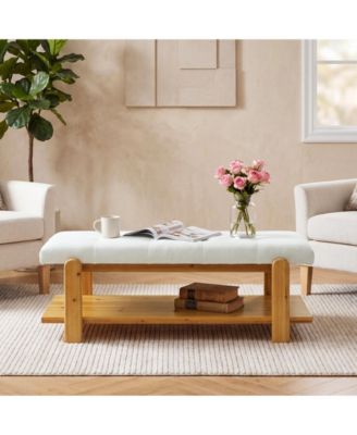 Ottoman Coffee Table with Solid Wood Frame, Rectangle Large Footrest Ottoman with Storage Shelf, Upholstered Center Table