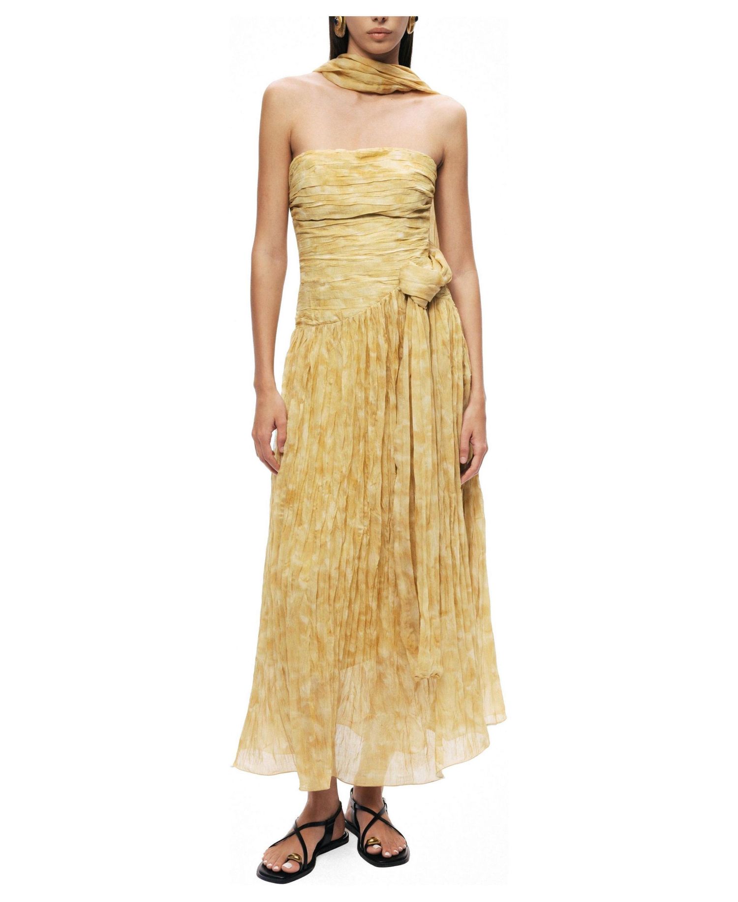 Women's Strapless A-Line Ruched Corset Bodice Viscose-Blend Midi Dress