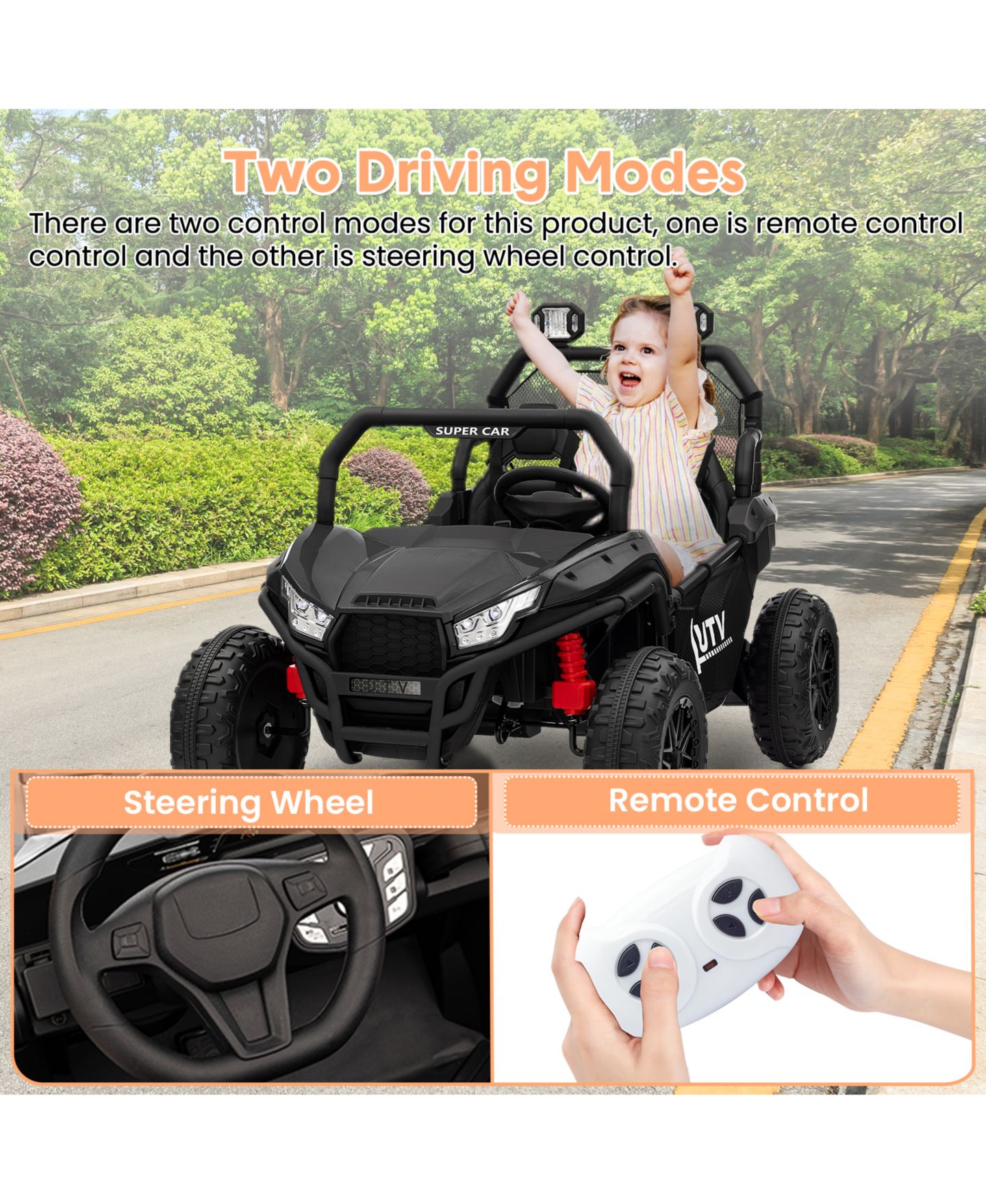 Детская игрушка homfan 2-Seater Electric Ride-On UTV Car, Remote Control, Spring Suspension, LED Lights, Wireless, Spacious Seat, Treaded Tires, Metal Frame, цвет: Чёрный — фото 6