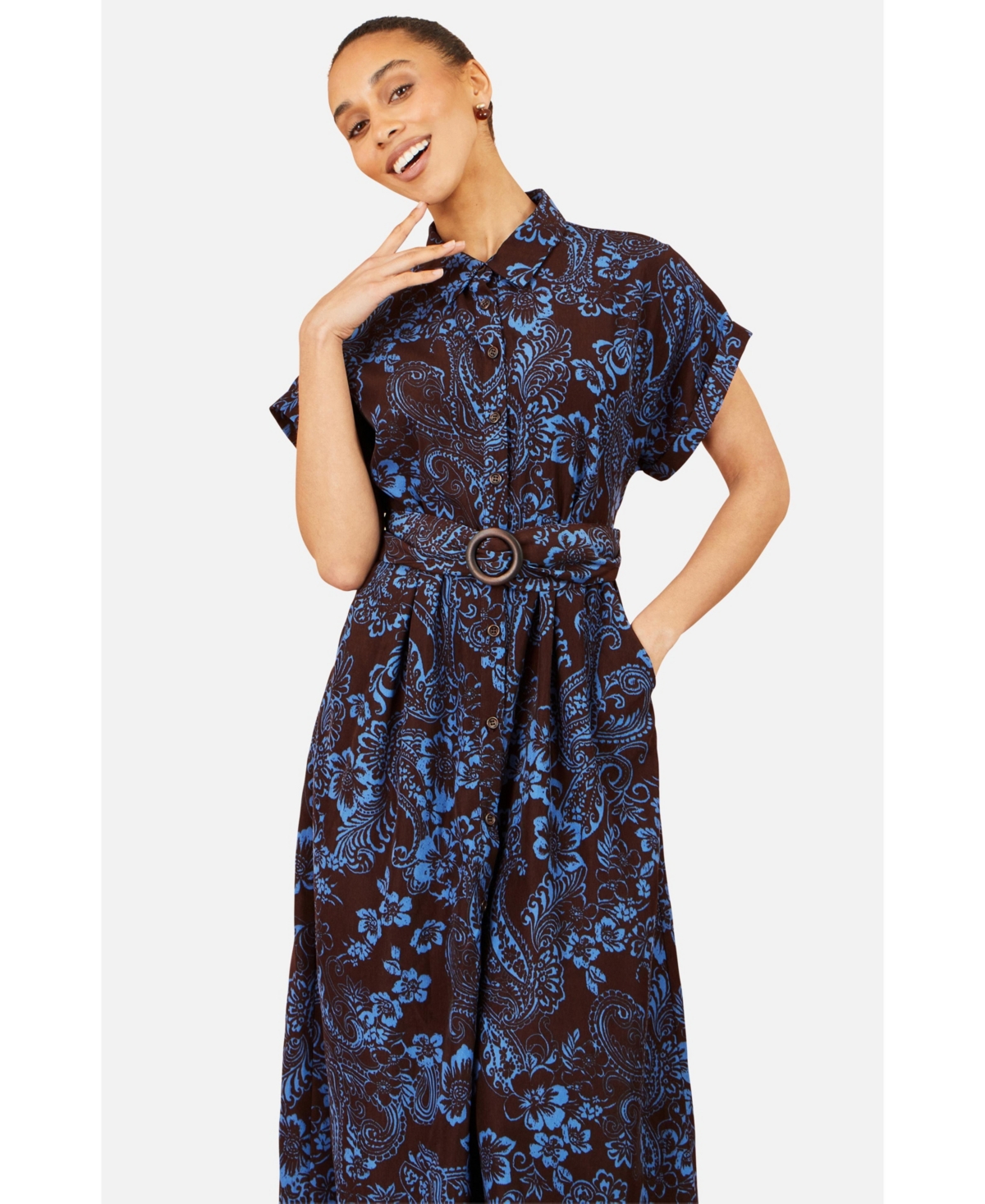 Yumi Women's Paisley Belted Short-Sleeve Shirt Dress