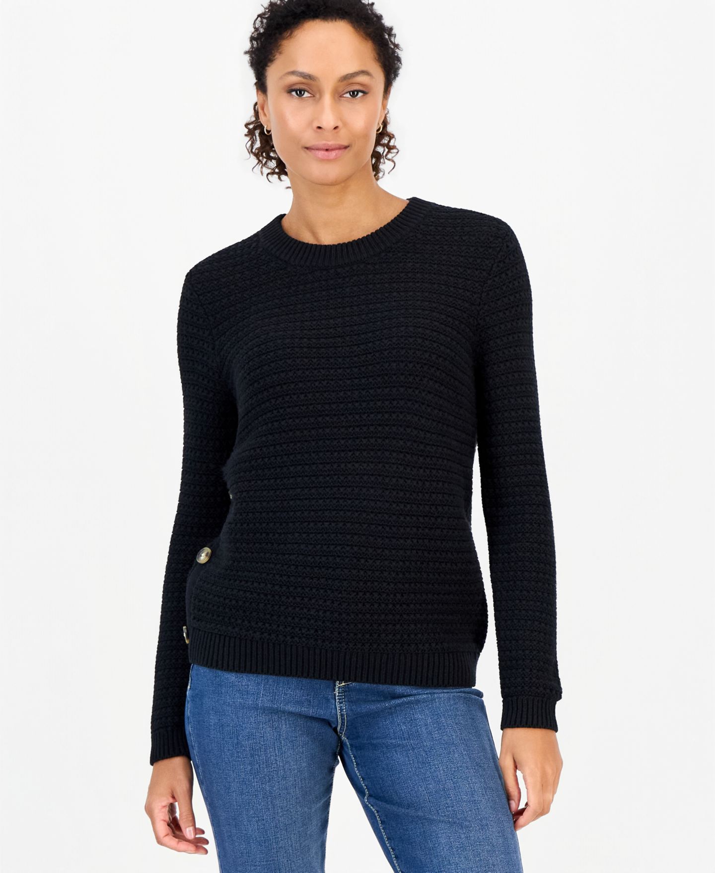 Женский свитер Style & Co Cotton-Blend Long-Sleeve, цвет: Глубокий чёрный — фото 1