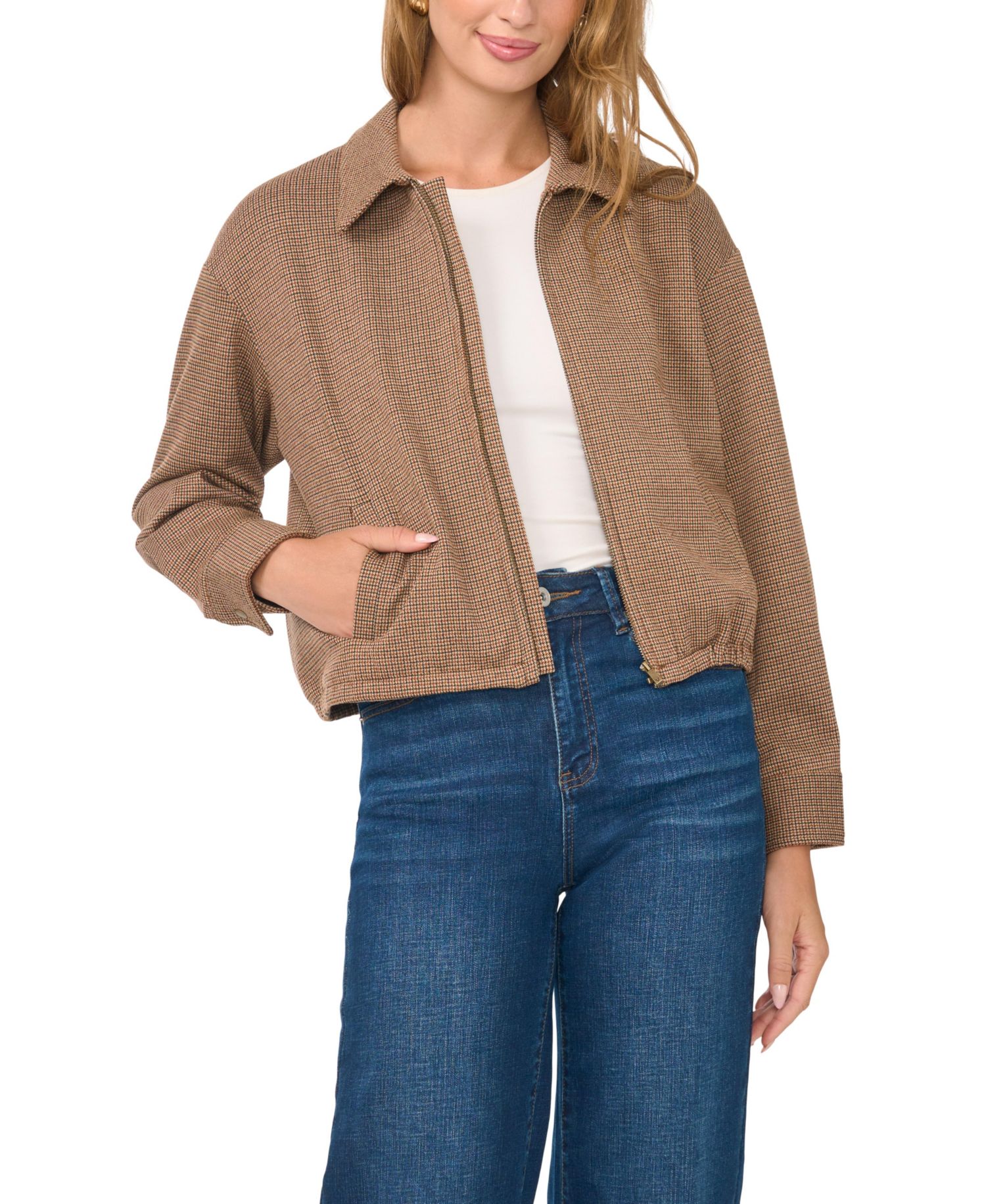 Women's Collared Bubble Front Waffle-Knit Bomber Zip Jacket