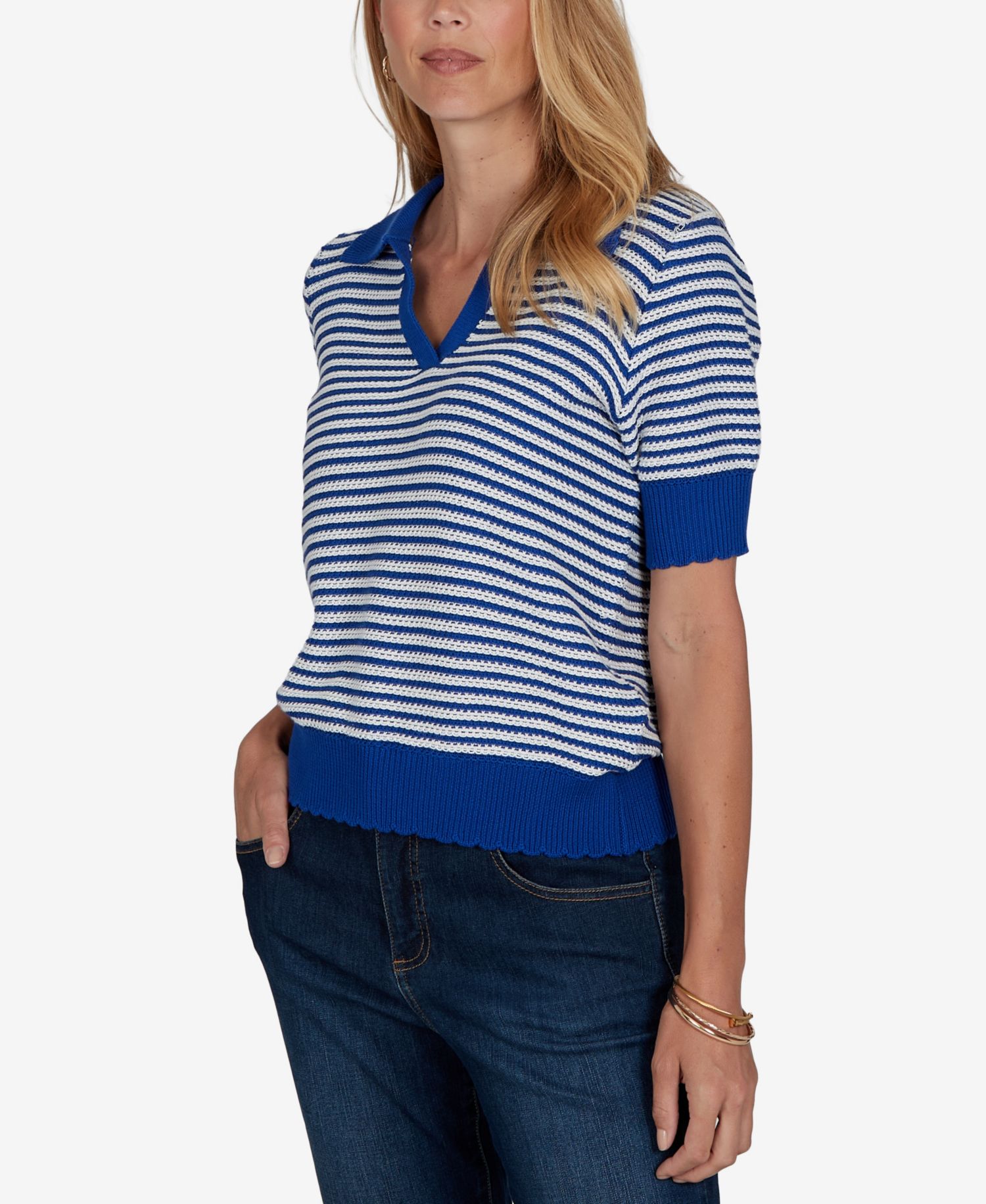 Petite Two-Tone Collared Elbow-Sleeve Sweater
