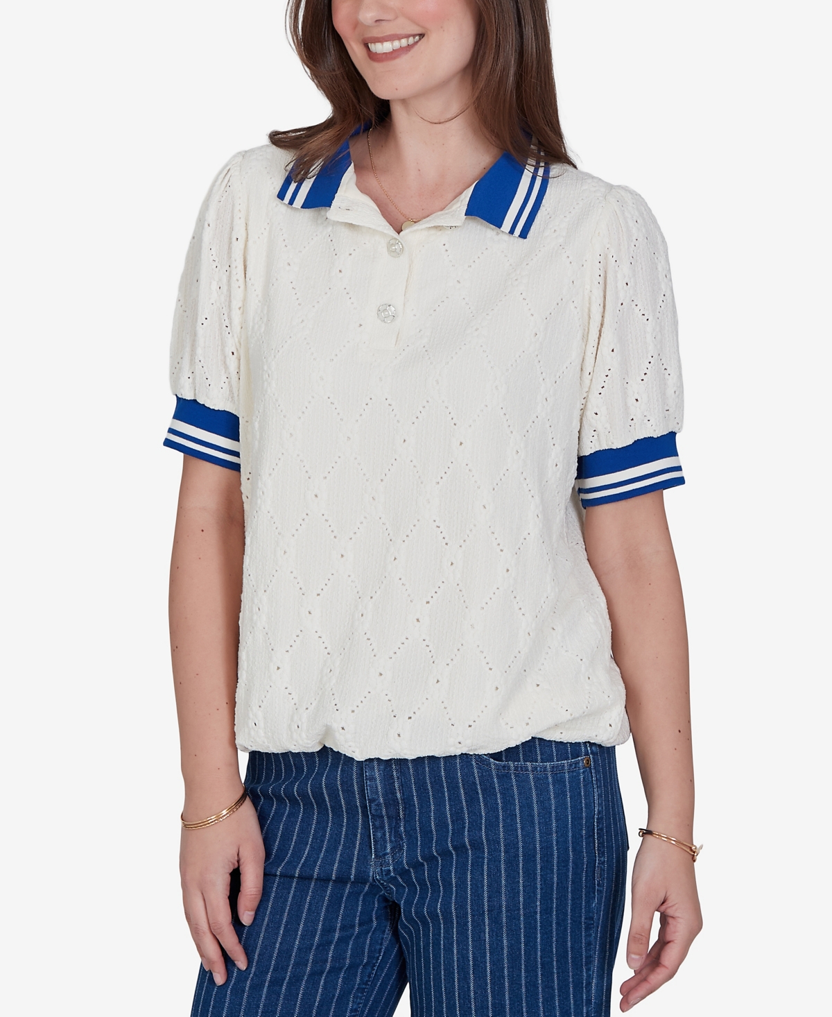 Ruby Rd. Petite Diamond Eyelet Bubble Hem Top In Ivory