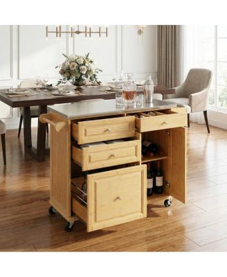 Bamboo Rolling Kitchen Island with Stainless Steel Top and Storage