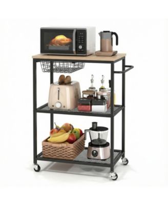 3-Tier Rolling Kitchen Cart - Push Handle + 2 Lockable Wheels - Vintage Microwave Stand - for Kitchen Island, Coffee Bar, Restaurant