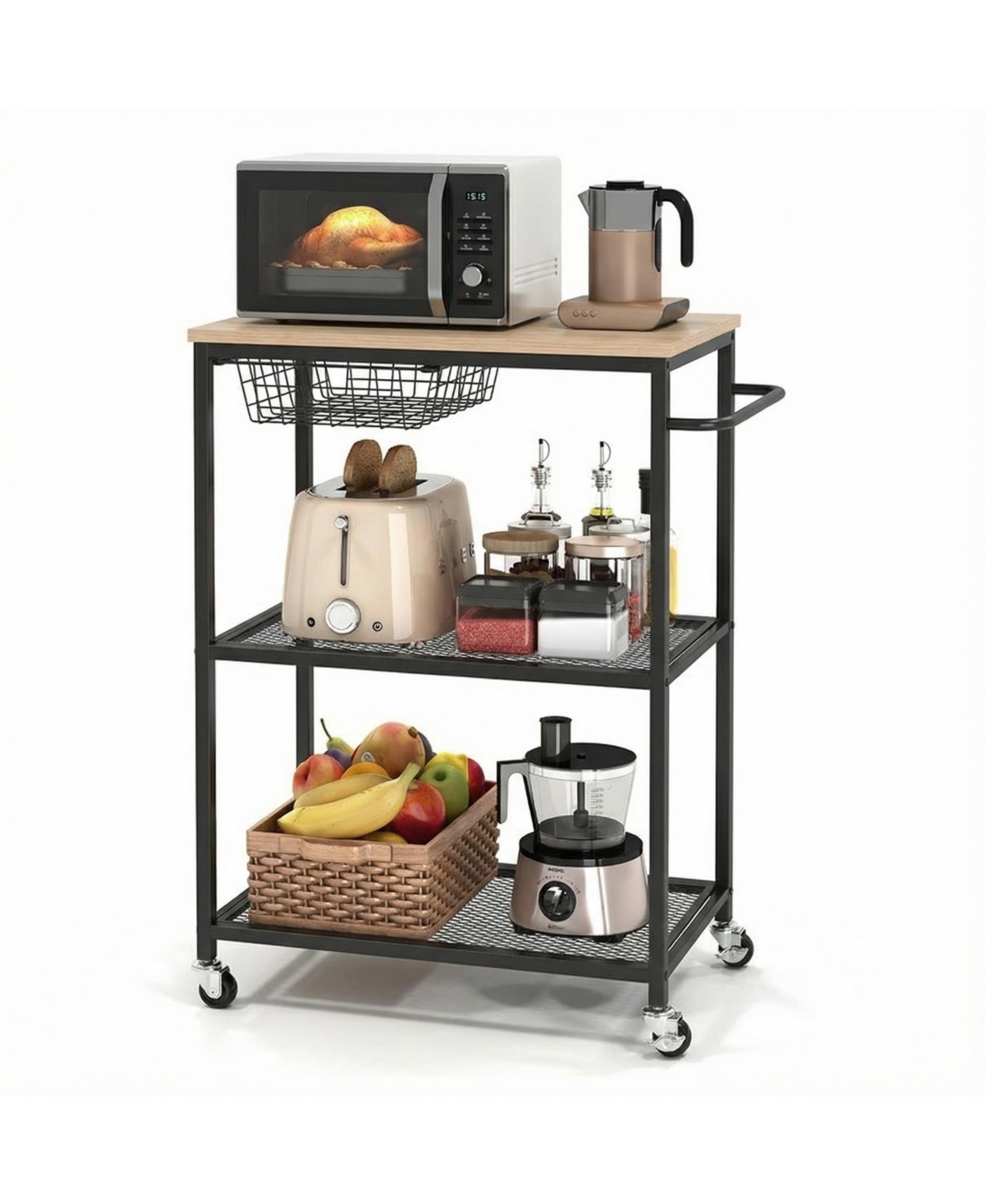 homfan 3-Tier Rolling Kitchen Cart – Push Handle + 2 Lockable Wheels – Vintage Microwave Stand – for Kitchen Island, Coffee Bar, Restaurant