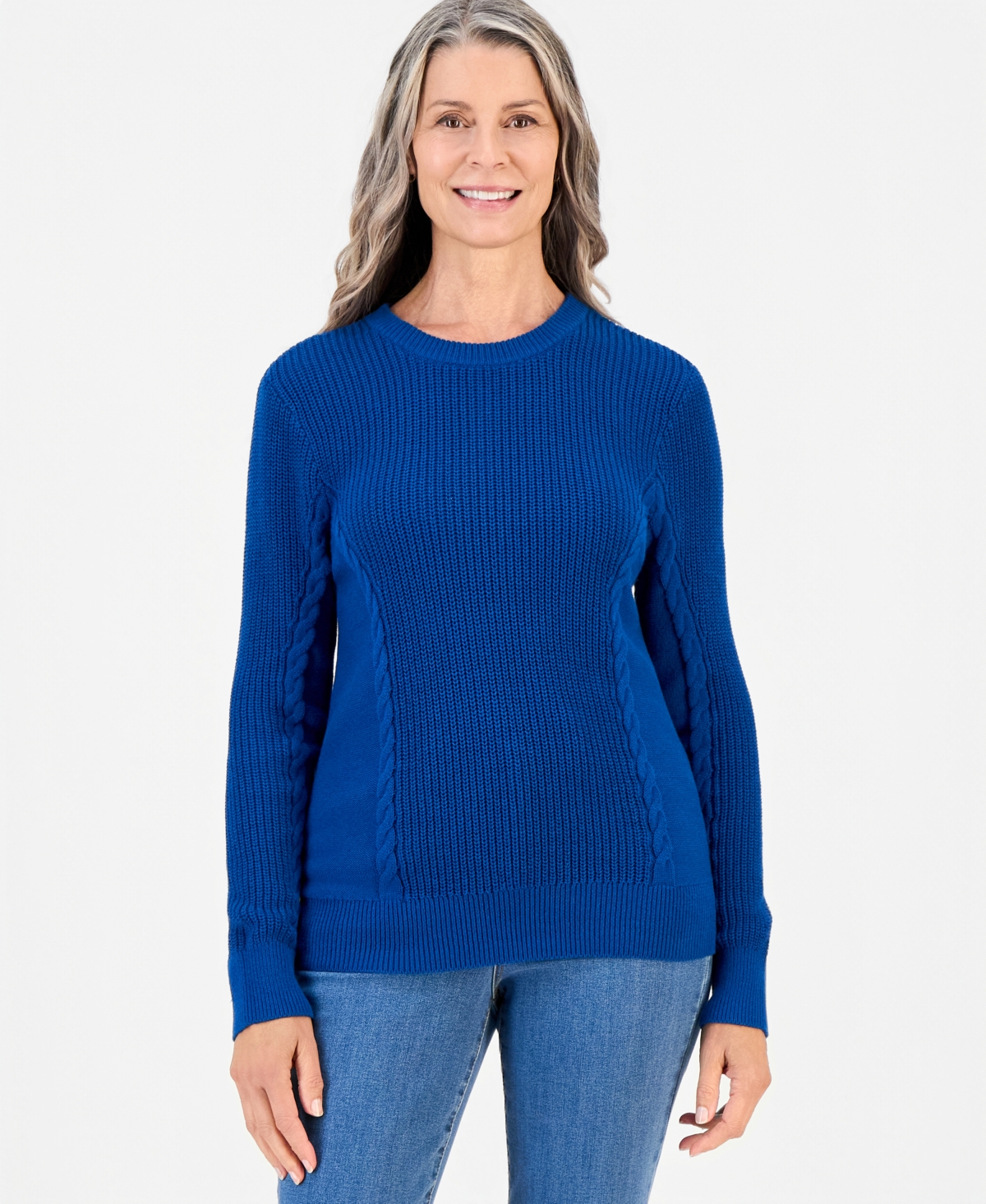 Style & Co Petite Mixed Rib Cable Crew Sweater, Created For Macy's In Twilight Waters