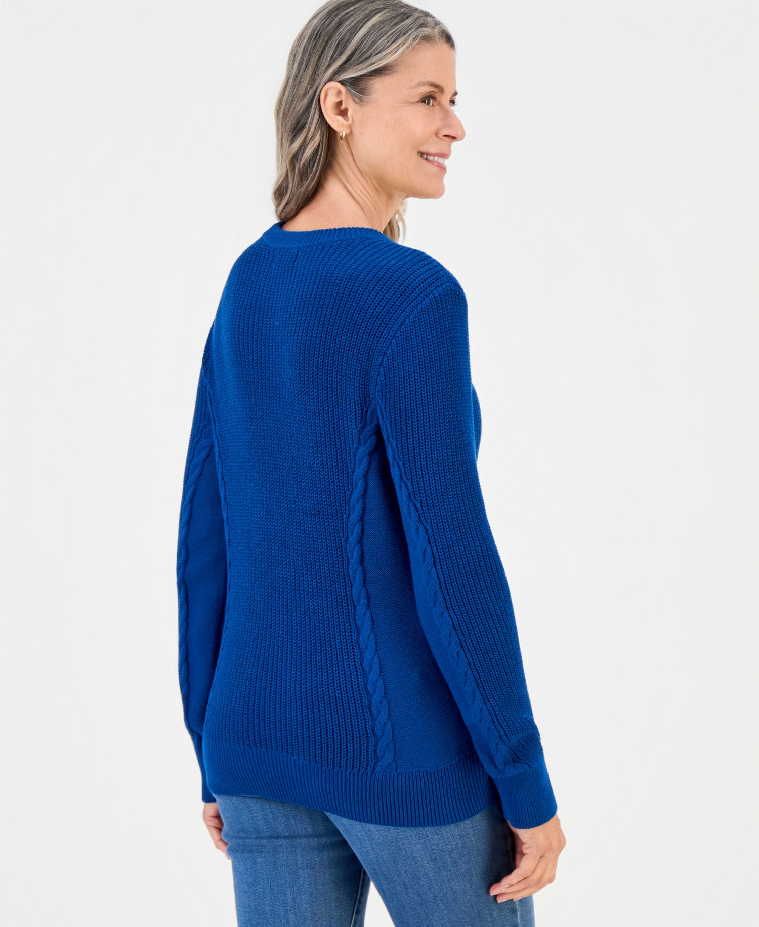 Petite Mixed Rib Cable-Knit Cotton Crewneck Pullover