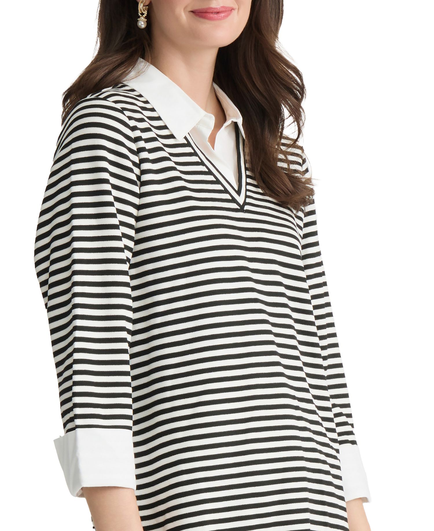 Women's Striped Collared 3/4-Sleeve Two-Fer Top