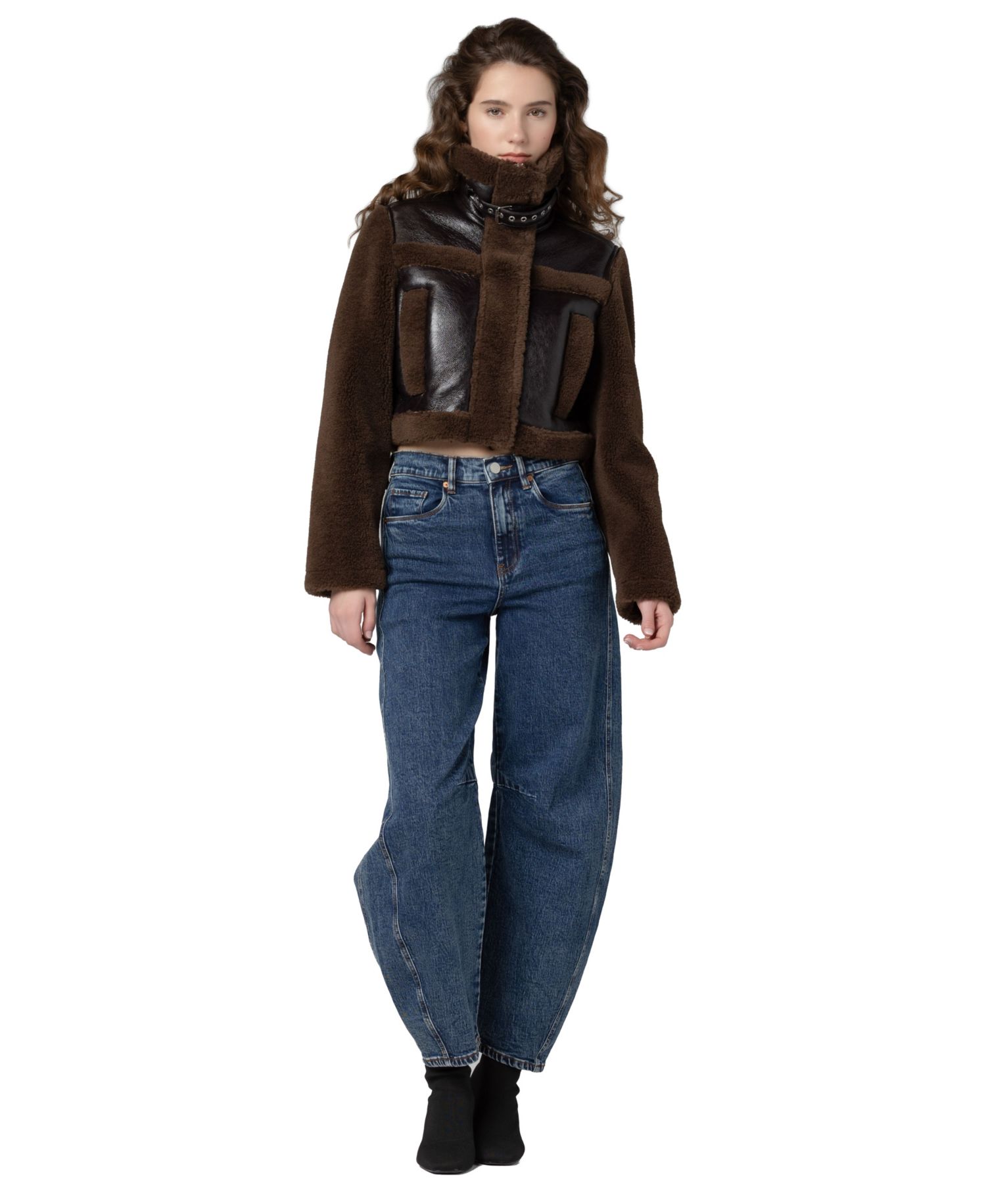 Women's Funnel Collar Cropped Sherpa Jacket