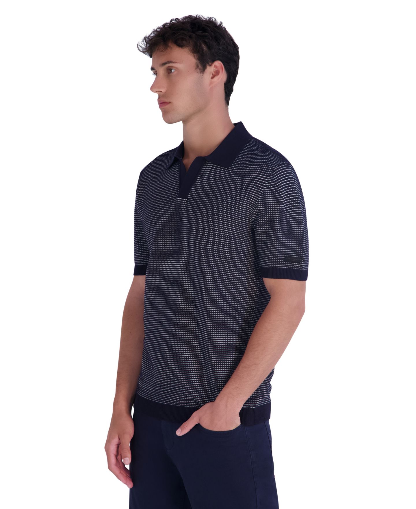 Мужской свитер KARL LAGERFELD PARIS Johnny Collar Textured Polo Sweater, цвет: Тёмно-синий — фото 3