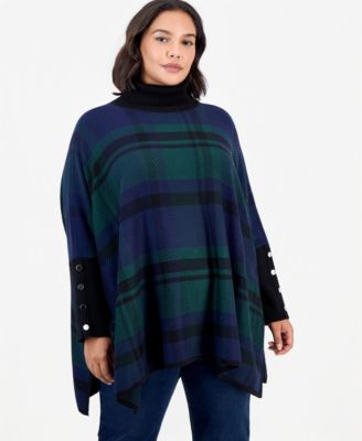 Plus Size Plaid Oversized Turtleneck Poncho Sweater