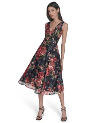 Women's Floral V-Neck Fit & Flare Midi Dress