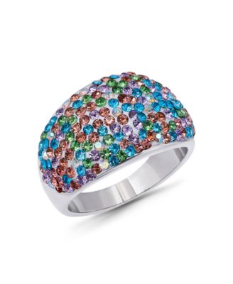 Pave Crystal Fine Silver-Plated Over Brass Pink, Light Green, Aqua Blue and Iridescent Color Dome Shaped Ring