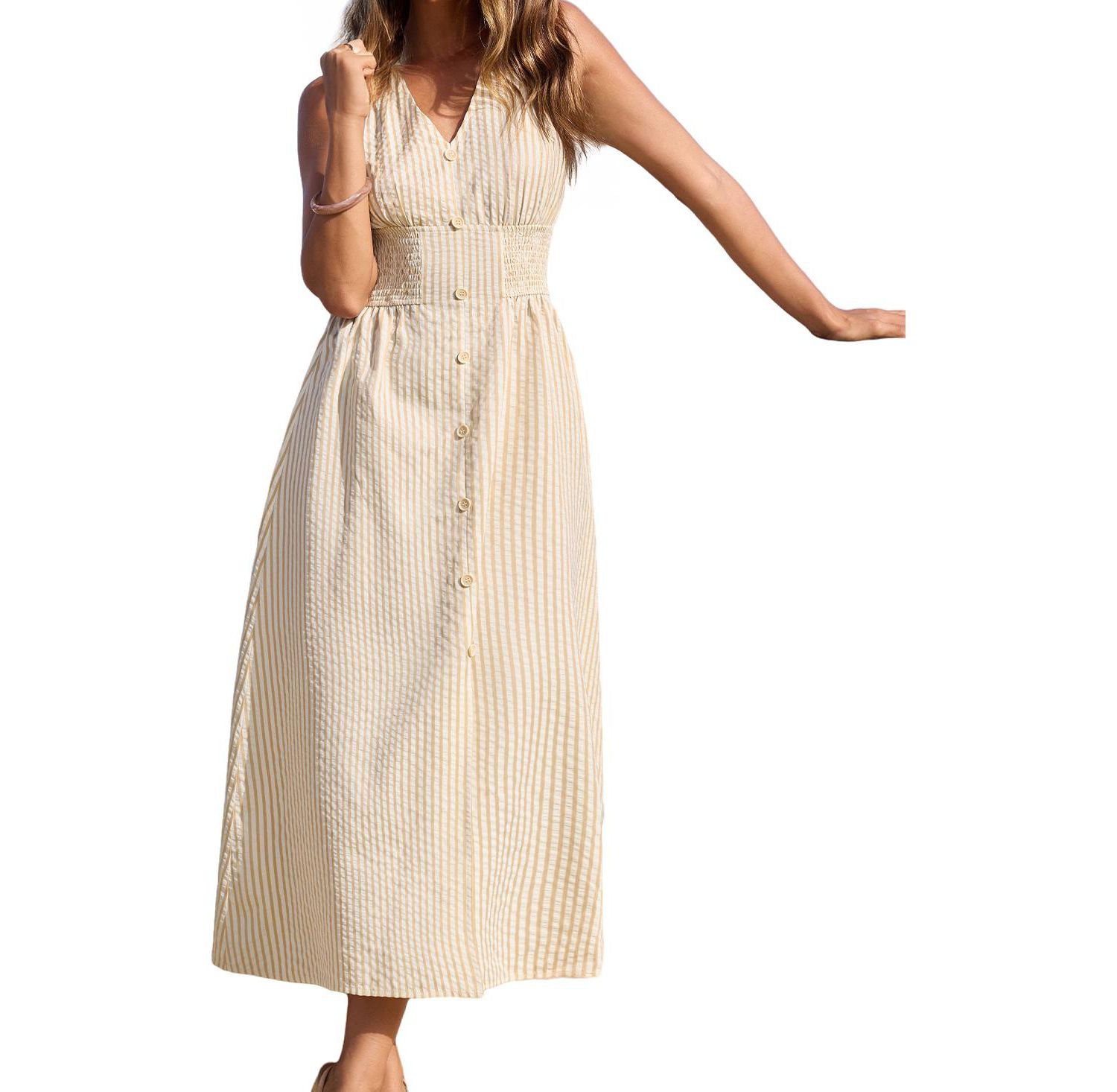 Women's Time Will Tell Striped Smocked-Waist V-Neck Dress