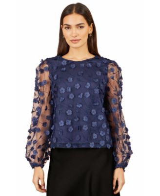 Women's Sheer Sleeve Applique Flower Top