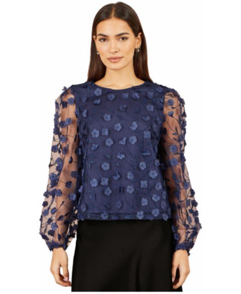 Женский топ Yumi Sheer Sleeve Applique Flower, цвет: Тёмно-синий