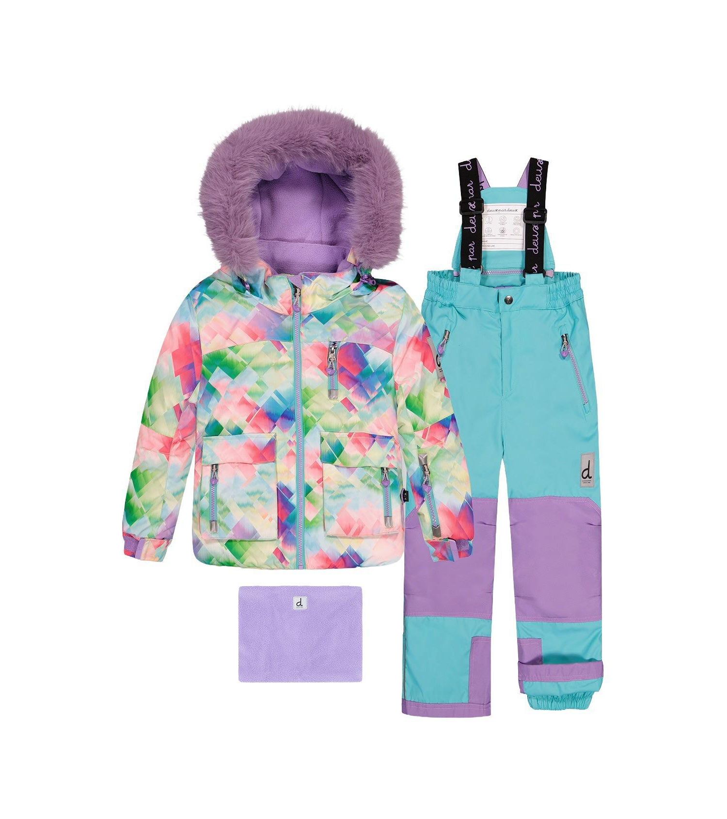 Big Girls Girl(6-14) Two Piece Play Snowsuit Multicolored with A Diamond Pattern with Turquoise and Purple Pants