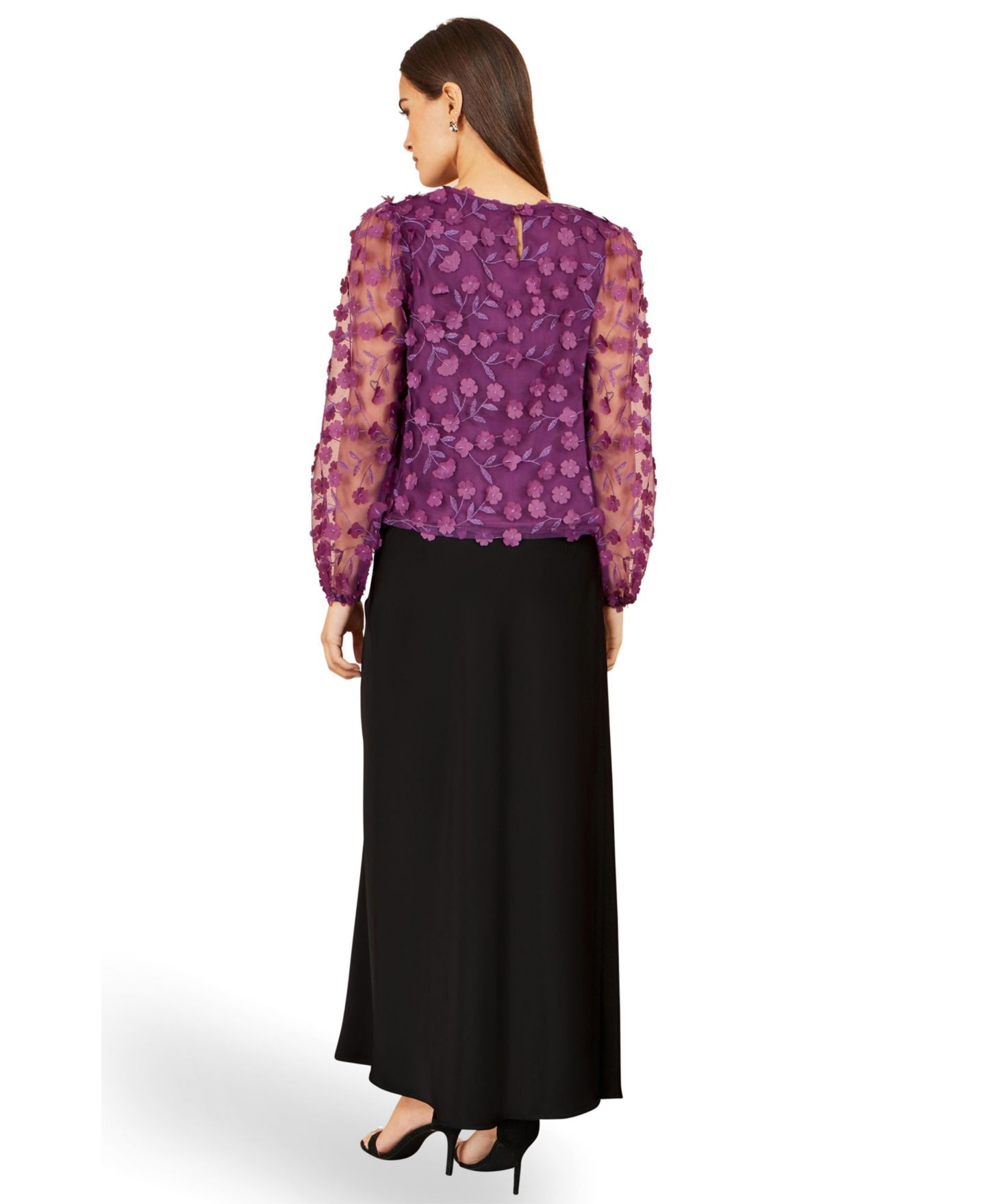 Женская блузка Yumi Floral Applique Sheer Long-Sleeve, цвет: Сливовый — фото 3