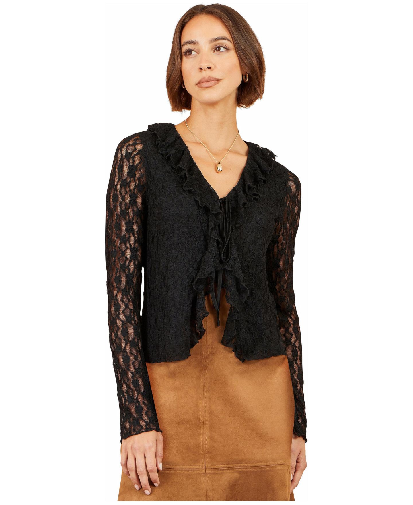 Женский топ Yumi Ruffled Tie Neck Long-Sleeve, цвет: Чёрный — фото 1