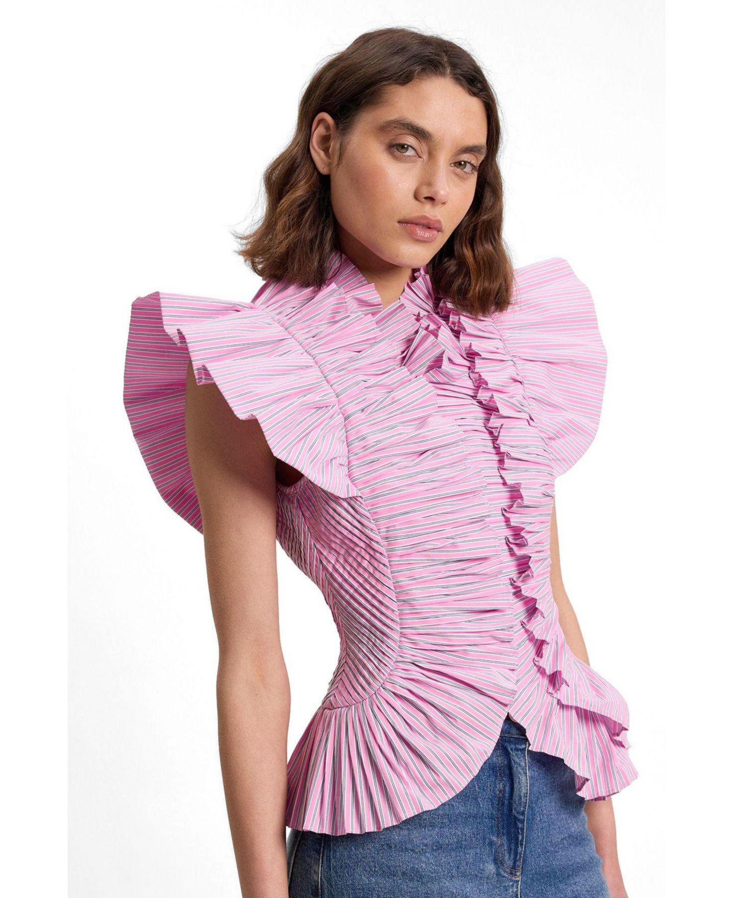 Женский топ Karen Millen High Neck Ruffle Sleeve, цвет: Розовый — фото 2
