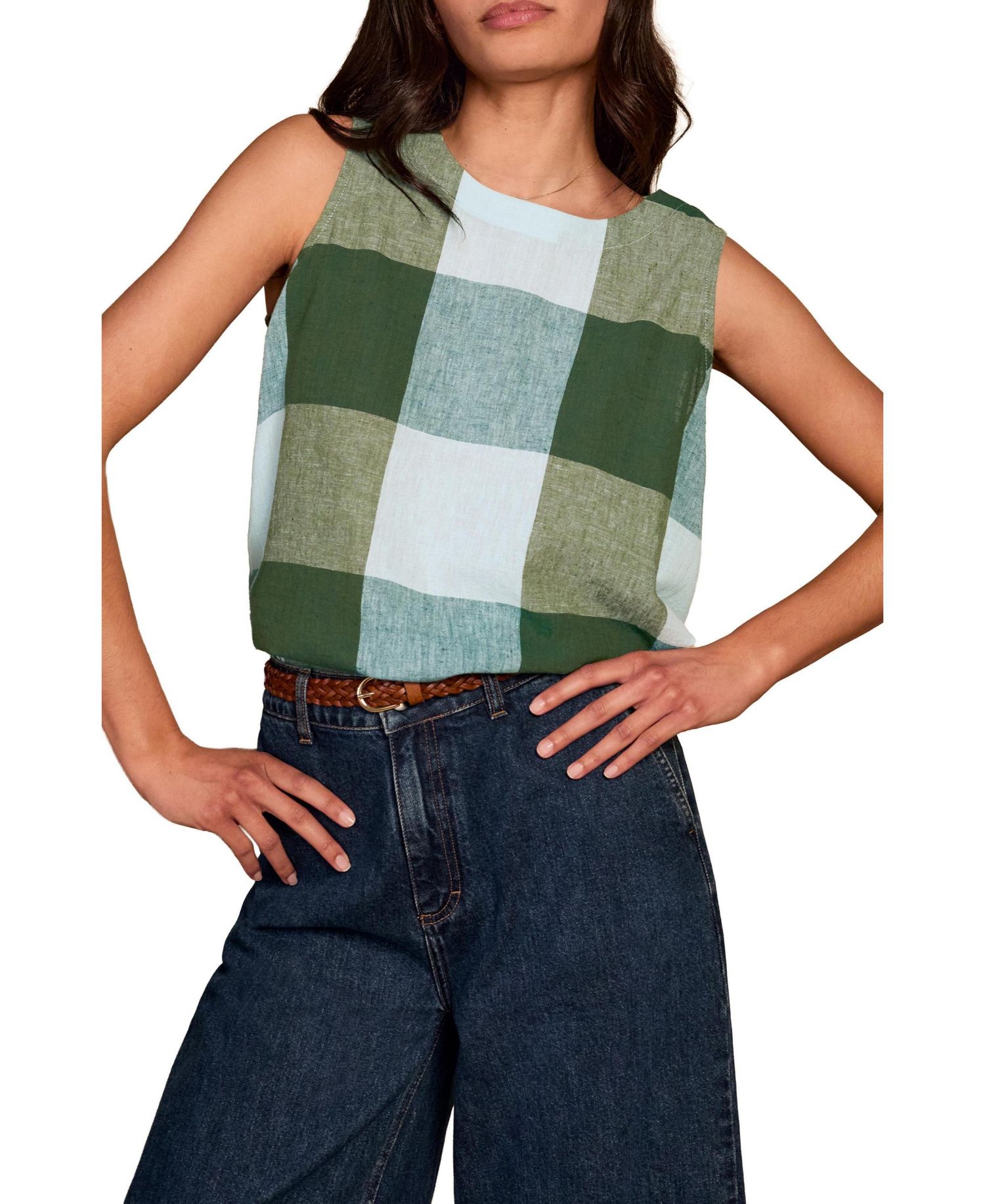 Women's Plaid Pleat-Back Sleeveless Blouse