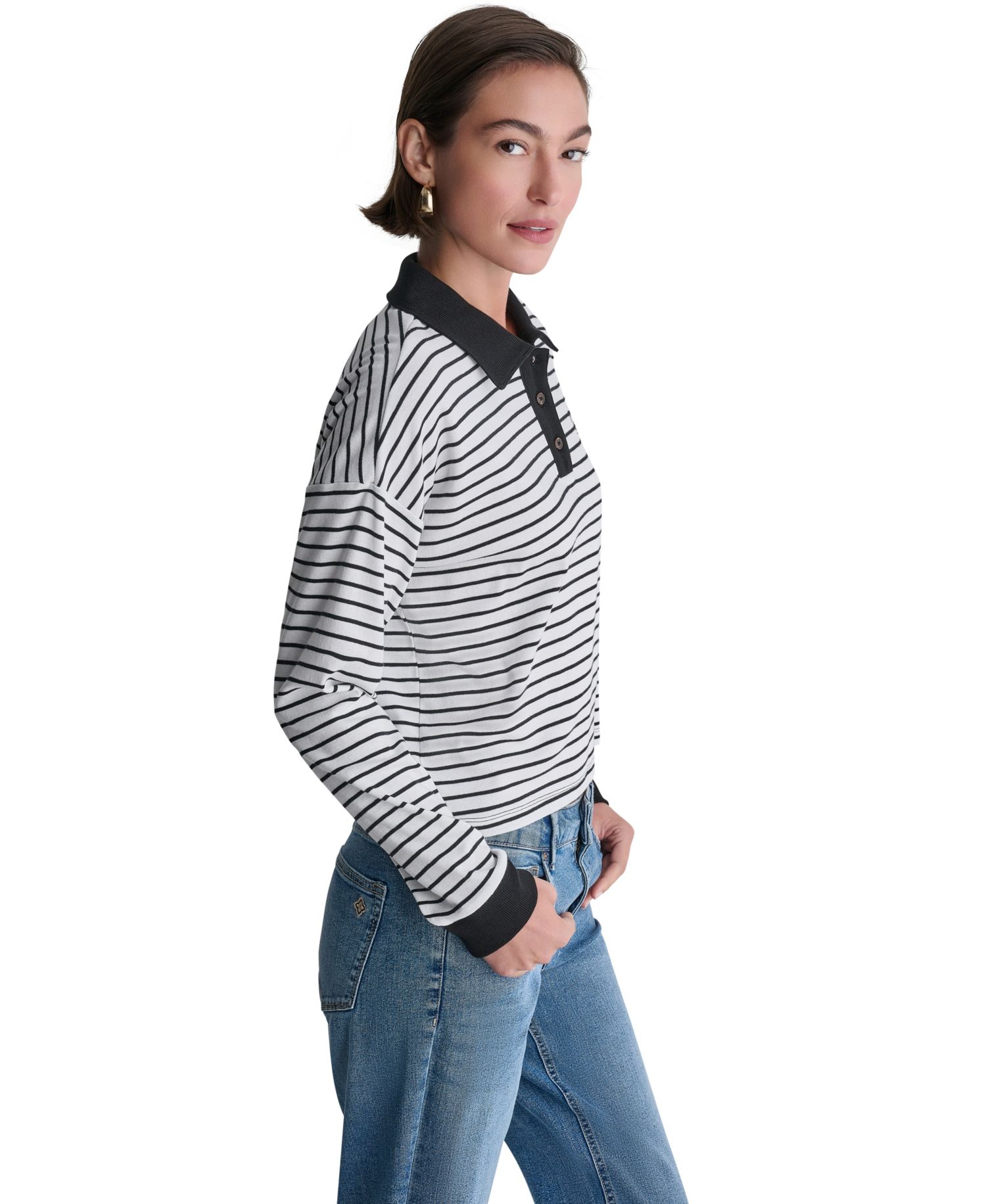 Women's Striped Collared Long-Sleeve Polo Top
