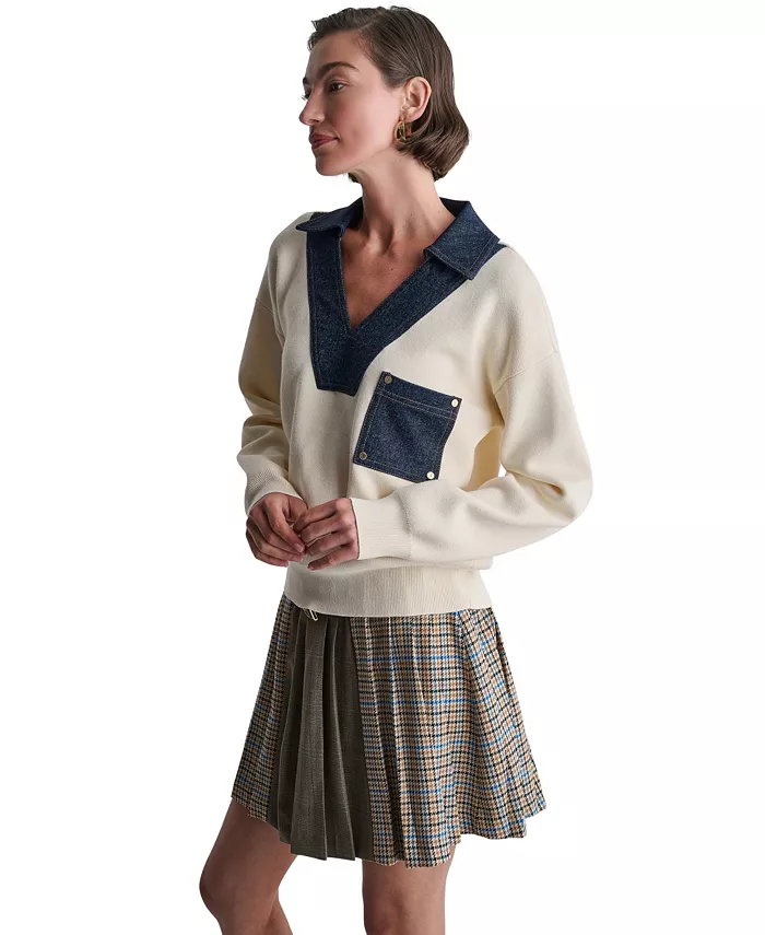 Women's Denim Trim Oversized Collared V-Neck Sweater - thumbnail 3